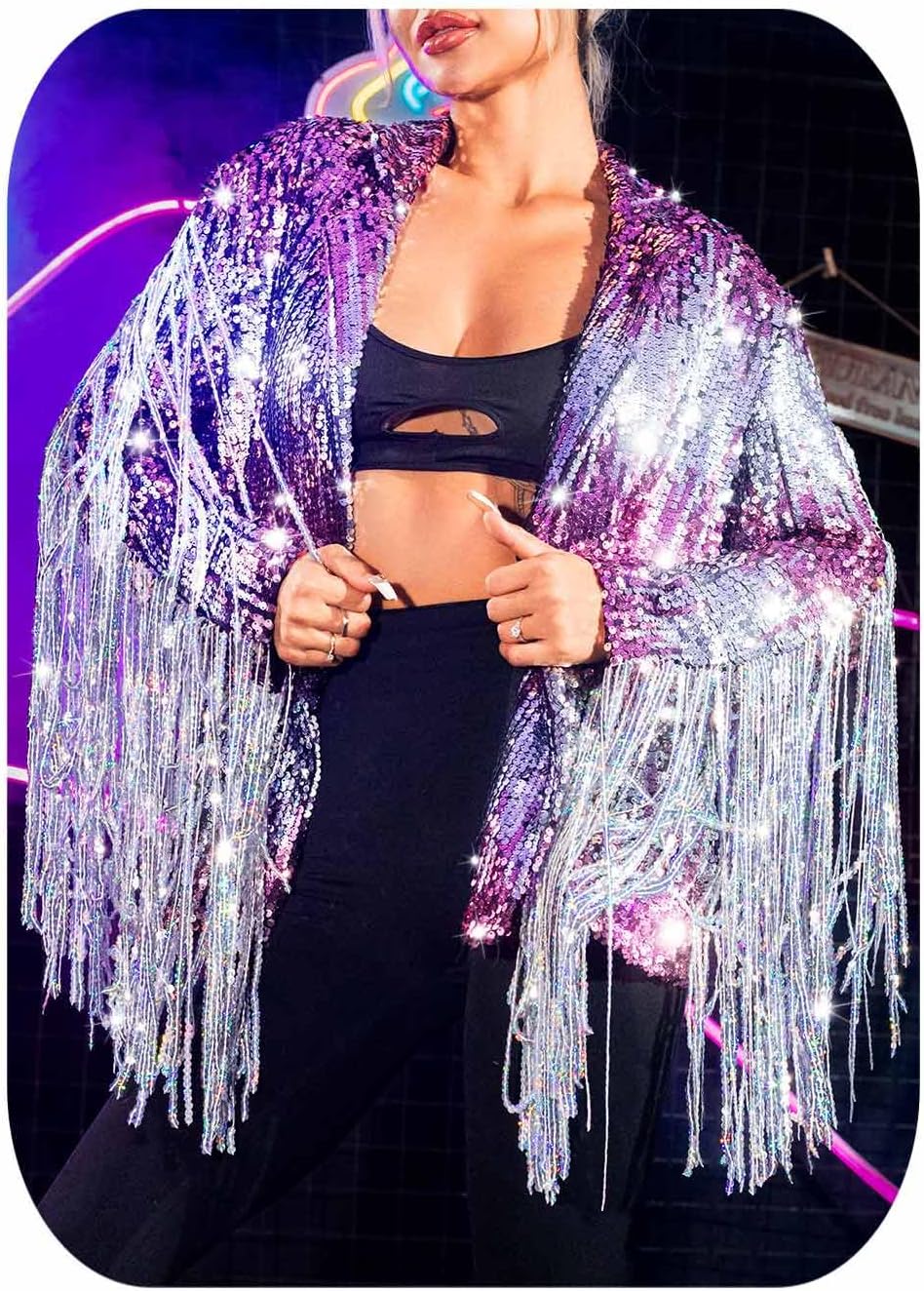 EVILD Women’s Sequin Fringe Jacket Pink Sparkly Blazer Jackets Glitter Tassel Outfits