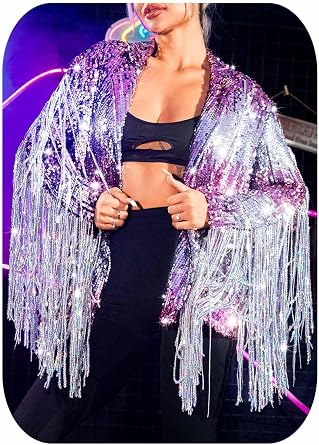 EVILD Womens Sequin Fringe Jacket Pink Sparkly Blazer Jackets Glitter Tassel Outfits