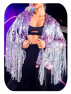 EVILD Womens Sequin Fringe Jacket Pink Sparkly Blazer Jackets Glitter Tassel Outfits