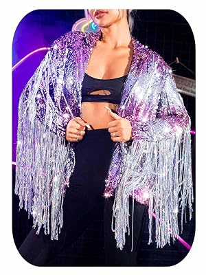 EVILD Womens Sequin Fringe Jacket Pink Sparkly Blazer Jackets Glitter Tassel Outfits