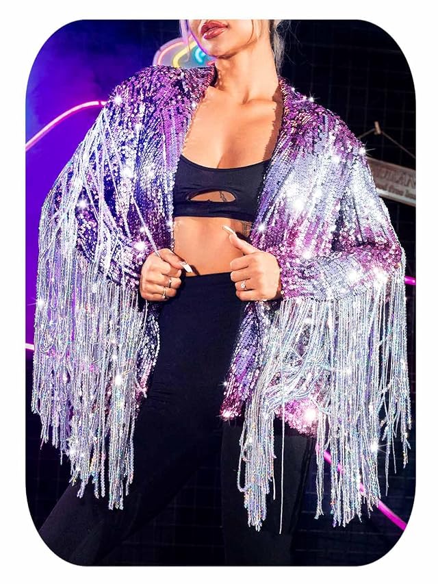 EVILD Womens Sequin Fringe Jacket Pink Sparkly Blazer Jackets Glitter Tassel Outfits