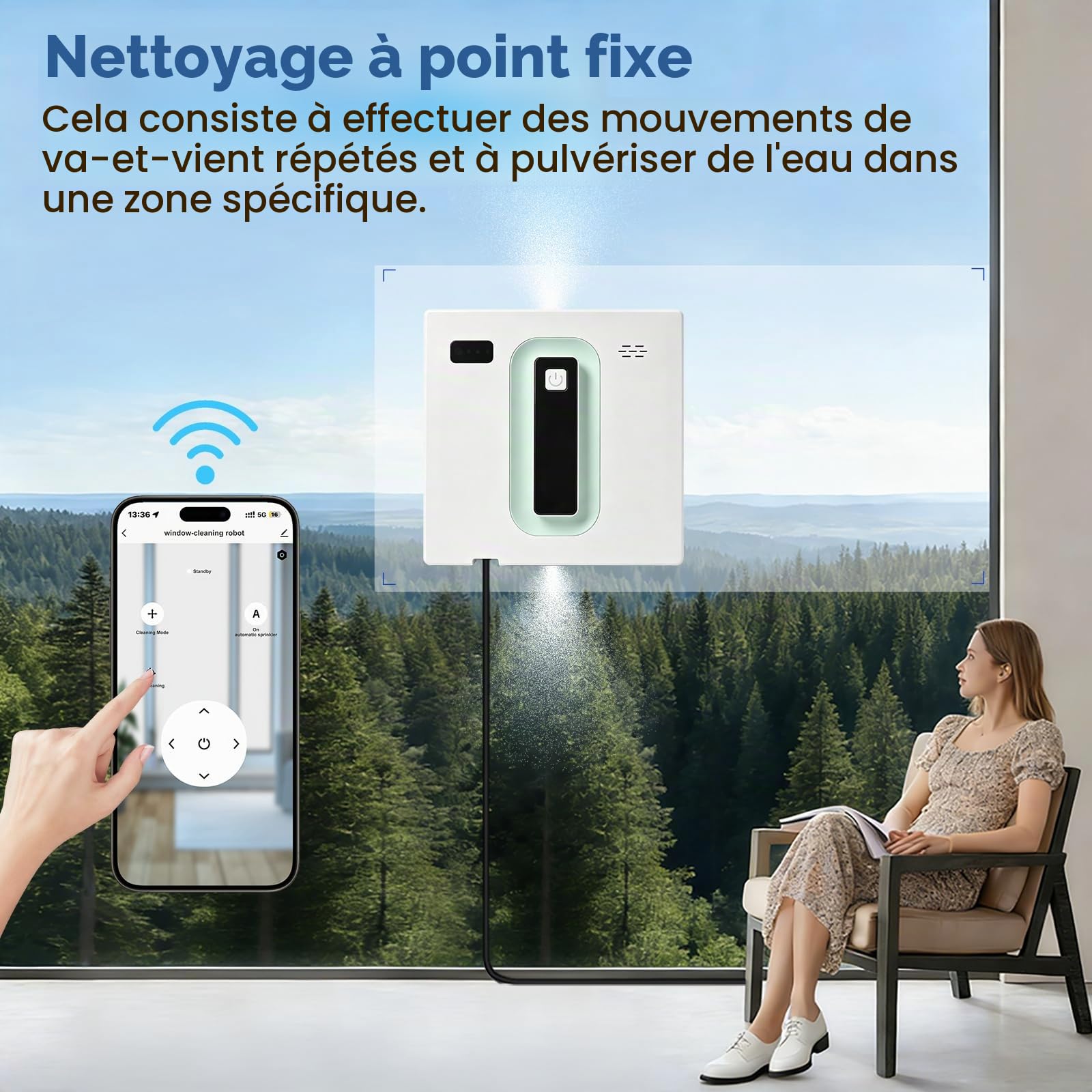 Robot de nettoyage de vitres carré avec moteur sans balais, double jet d'eau ultra fin, nettoyeur intelligent avec batterie UPS 650 mAh, application/télécommande pour verre, carrelage et