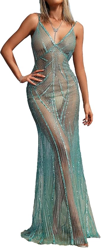 BELLA BARNETT Maxi Shining Sheer Dress Cut Out Boho Dress Womens See Through Dress