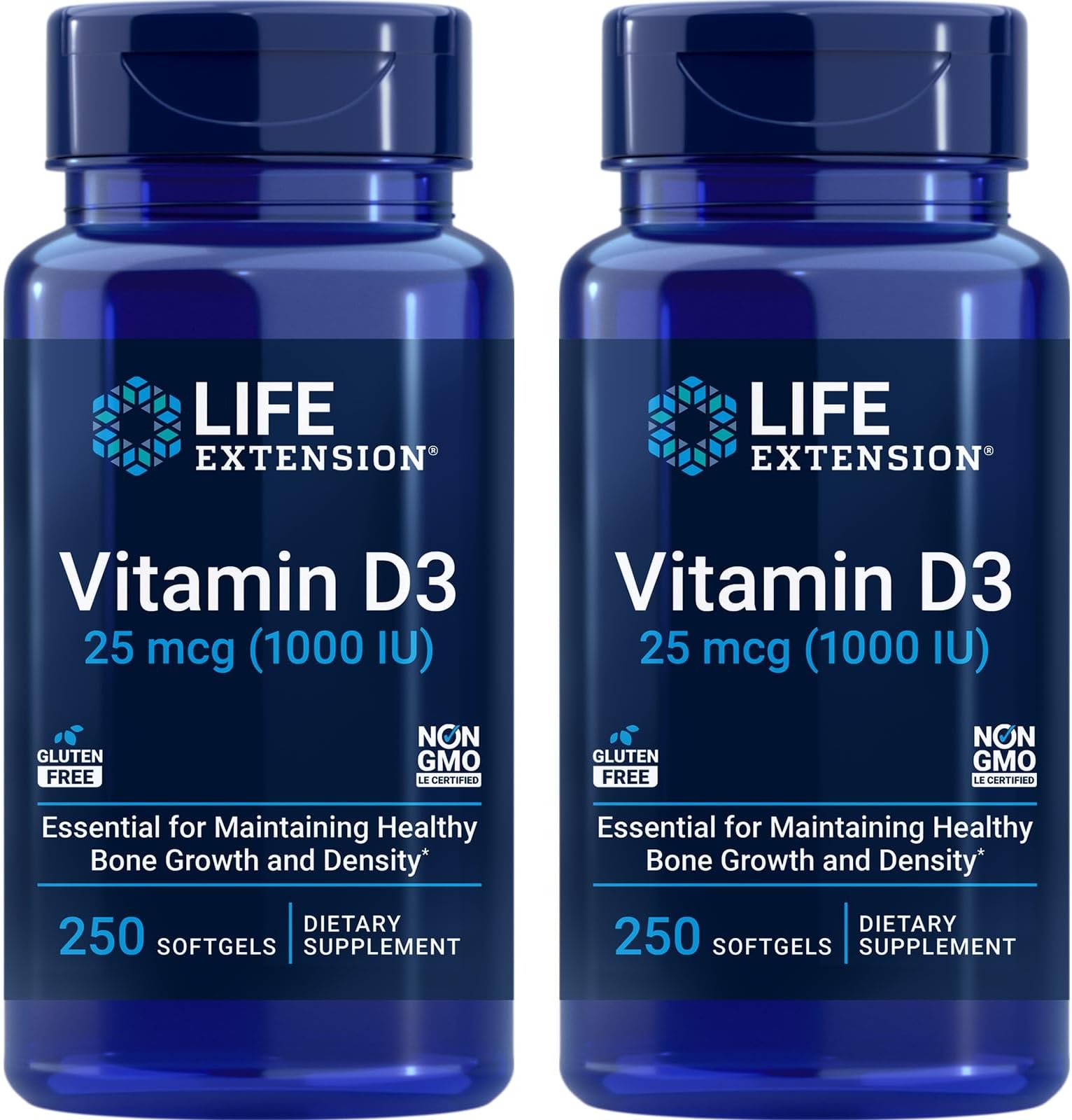 Vitamin D3 25 mcg (1000 IU), Immune System Support, Bone Health, Whole-Body Health, Value Size, Gluten-Free, Non-GMO – Two Pack - 2 x 250 Softgels