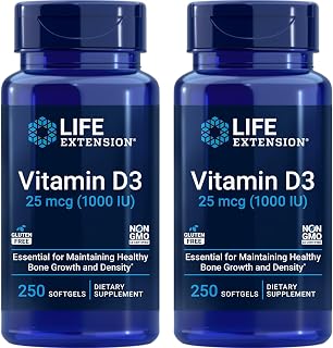 Life Extension Vitamin D3 25 mcg (1000 IU), Immune System Support, Bone Health, Whole-Body Health, Value Size, Gluten-Free, Non-GMO – Two Pack - 2 x 250 Softgels