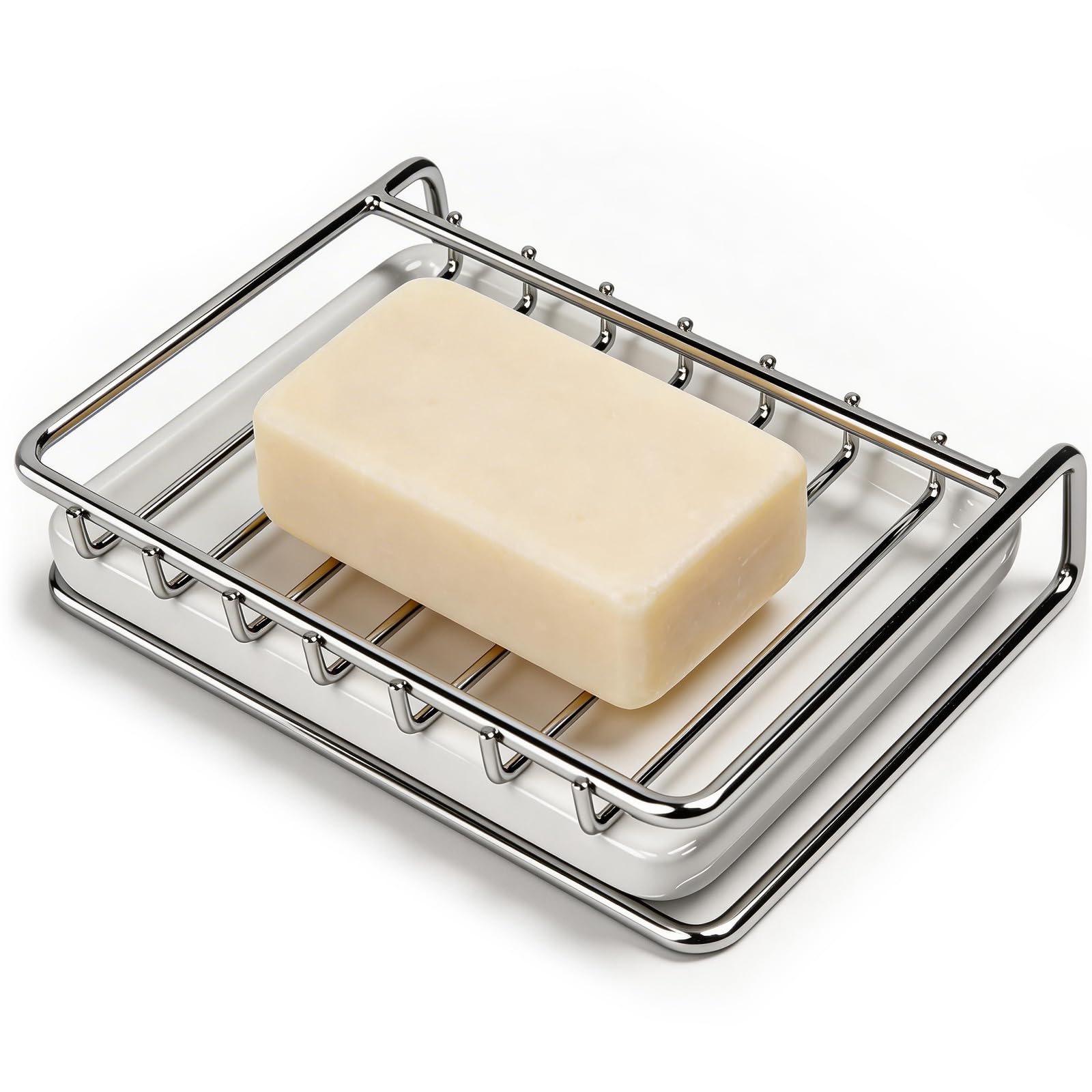 Soap Holder, 304 Stainless Steel Soap Dish with Ceramics Drip Tray for the Bathroom, Easy Cleaning Sponge Holder for the Shower, Kitchen, and Sink