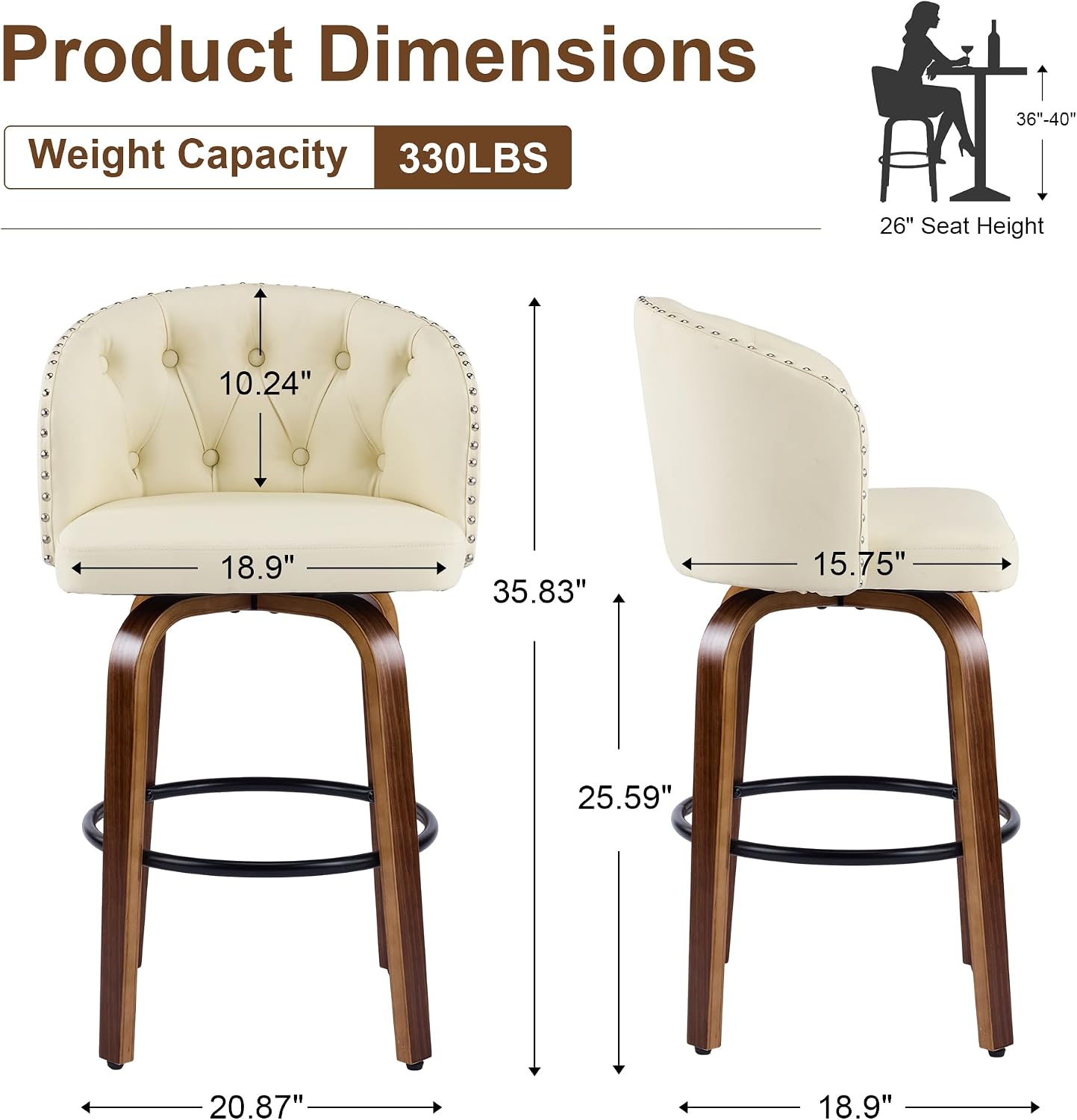 Swivel Bar Stools Set of 2, 26" Counter Height Faux Leather Bar Stool with Wood Legs & Button Tufted Back Mid Century Modern Upholstered Barstool Island Chairs for Kitchen Counter, White
