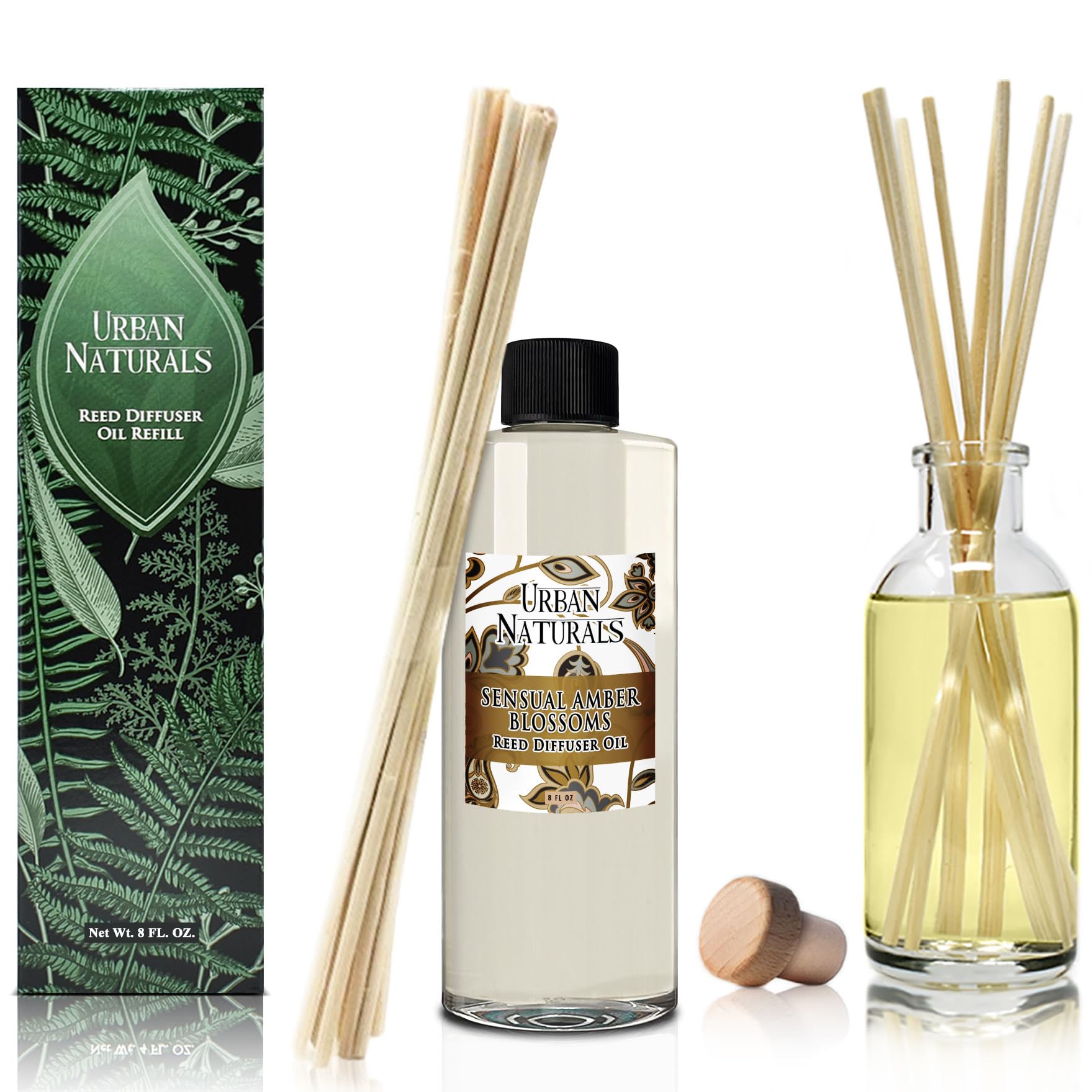 Urban Naturals Sensual Amber Blossoms - Recambio para difusor de varillas de aceite esencial | Tamaño grande de 8 onzas | Incluye un juego de varillas de caña gratis. Fabricado en los Estados Unidos