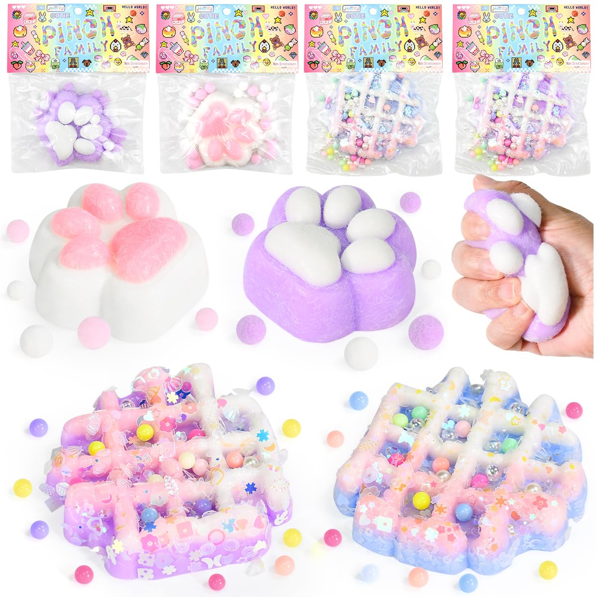 4 Zampe Di Gatto Squishy Morbide – Giocattoli Antistress Per Bambini, Colorate (Rosa, Rosso, Verde, Giallo), Dimensioni 7x6,5 Cm