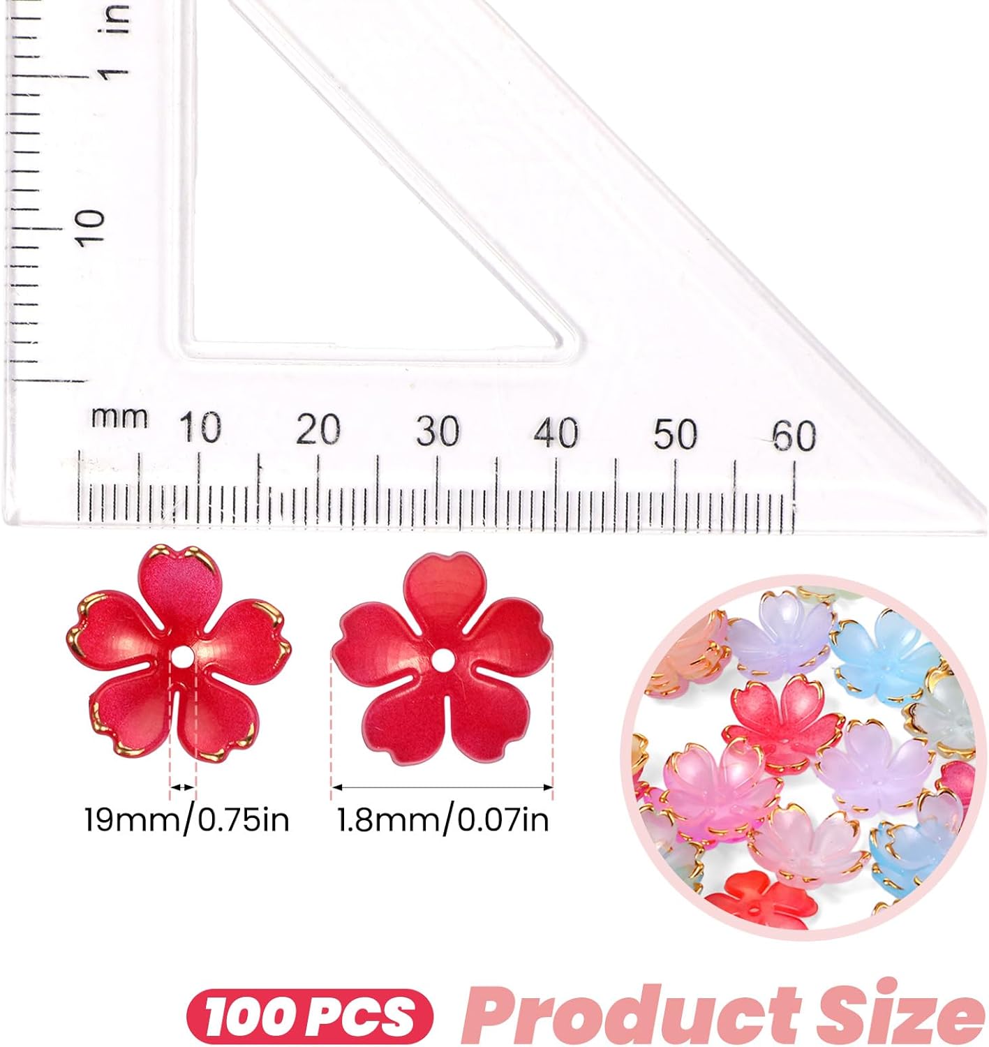 Acrylic Flower Beads, 100 Pcs Cherry Blossom Flower Beads Plastic Gradient Flowers Spacer Bead Charms Mini Gold-Plated Floral Bead for DIY Crafts Bracelets Necklaces Earrings Jewelry Making, 19mm - Image 2