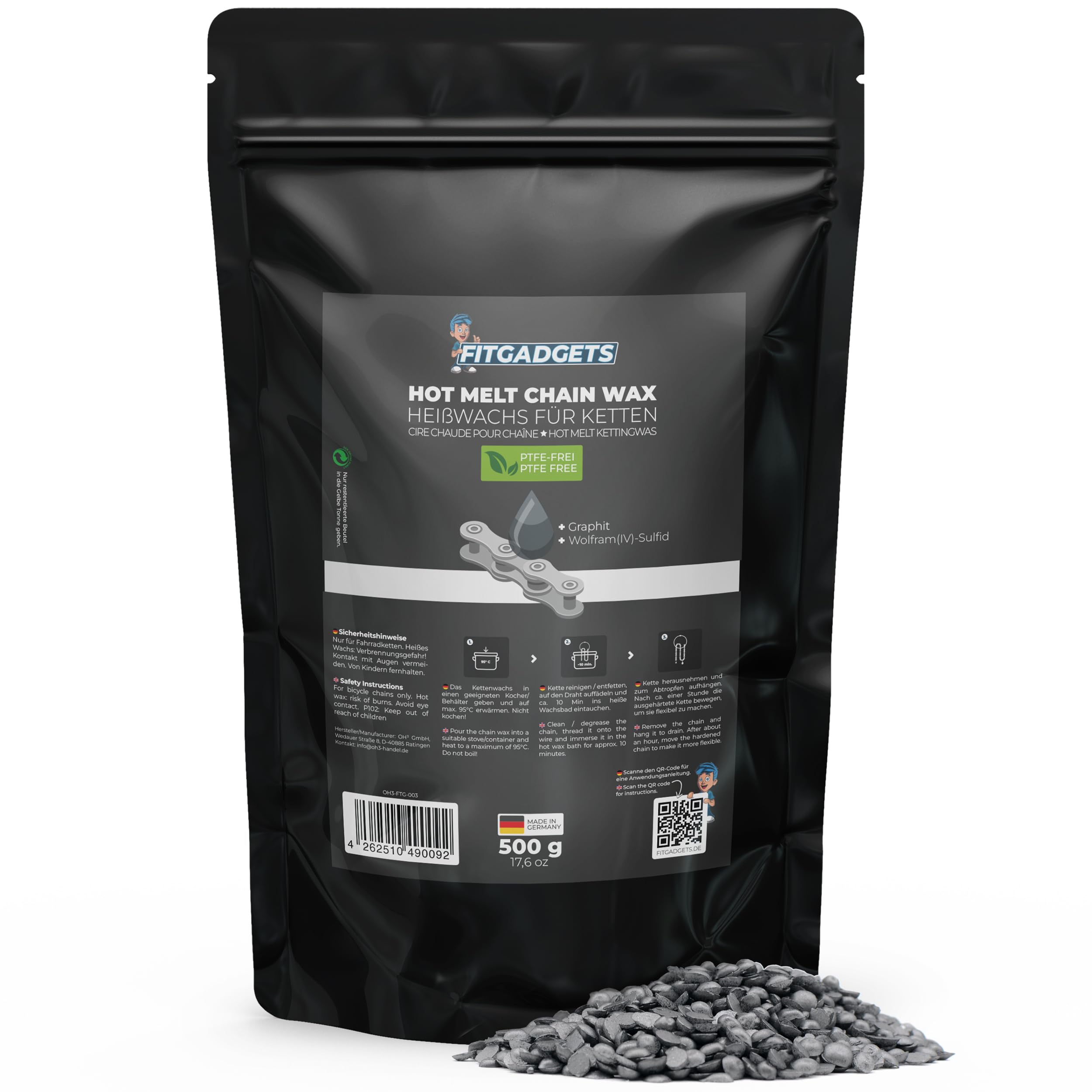 OH3 Fitgadgets Heißwachs Fahrradkettenwachs 500g Pellets - Hot Melt Chain Wax mit Graphit & Wolfram-Sulfid - Wachs-Schmiermittel für Rennrad, MTB & Gravel