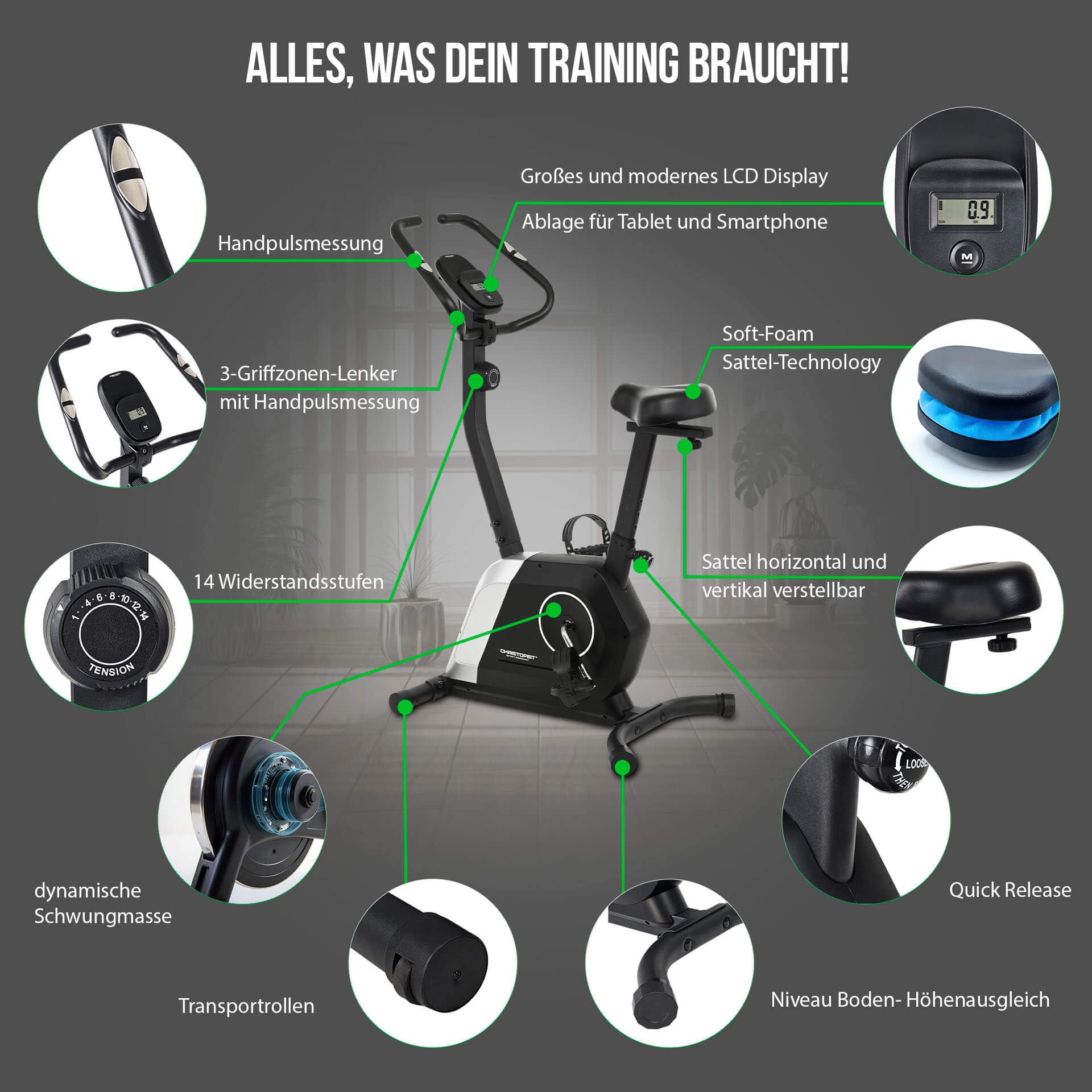 Christopeit Heimtrainer „Activ“ – leises Fitnessbike mit Magnetbremse, 14 Widerstandsstufen, LCD-Display, Pulsmessung & Tablet-Halterung
