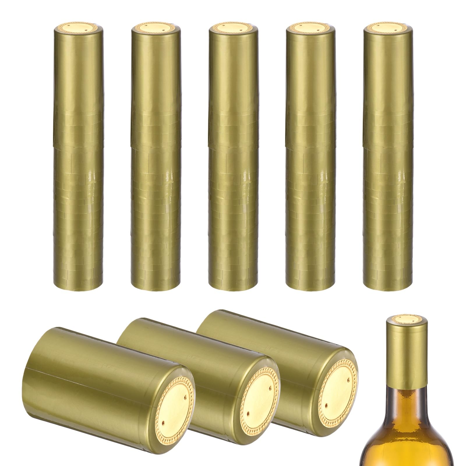 sourcing map 150Pcs PVC Heat Shrink Capsules, 32mm x 50mm Wine Bottle Capsules Shrink Wrap Sleeves Bottle Corks Caps for Wine Making Cellars and Home Kitchen, Gold/Gold
