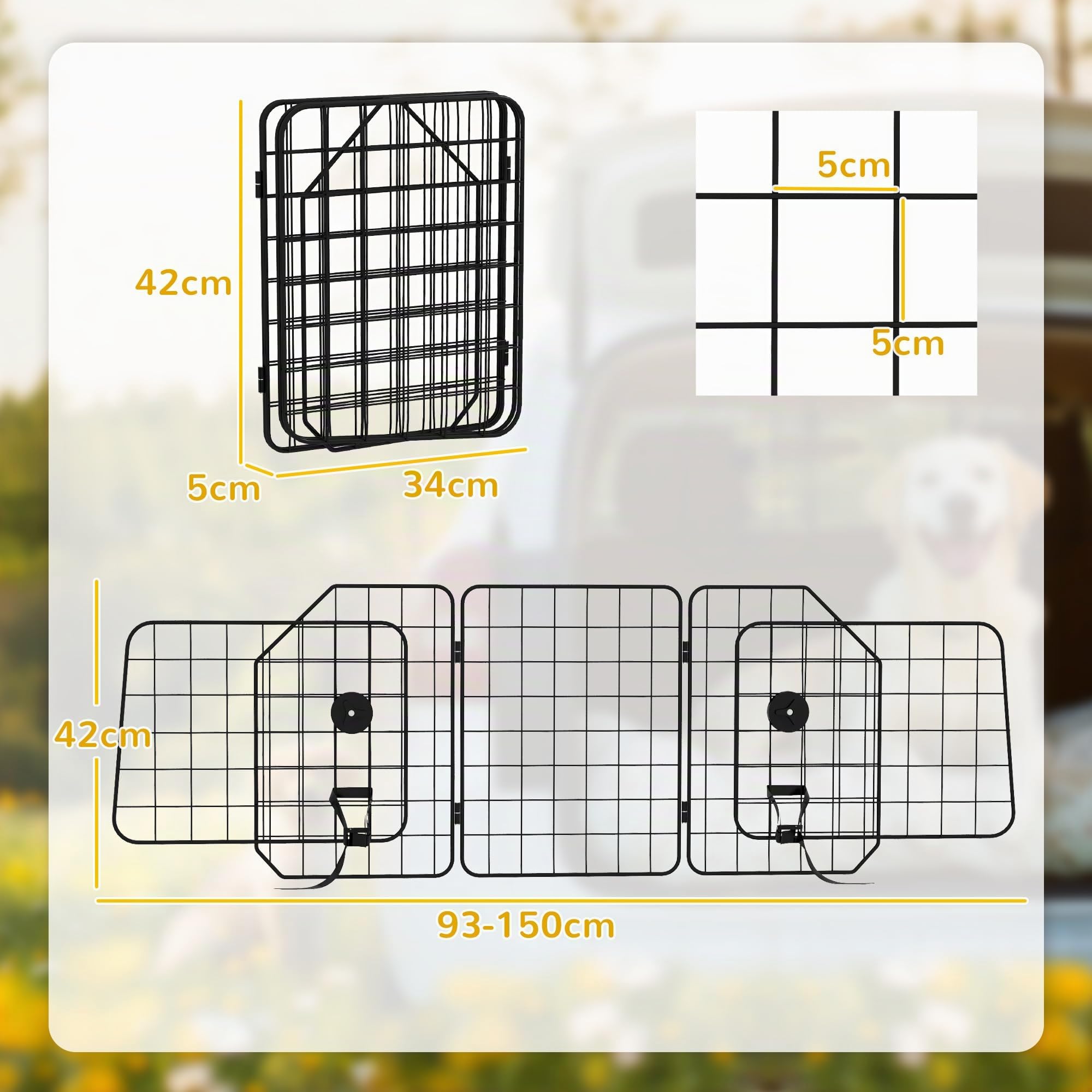 PawHut Barrera Protectora de Coche para Perros Reja 93-150x42 cm Negro | Plegable, Rejilla para Perros de Coche, Anchura Ajustable, Acero
