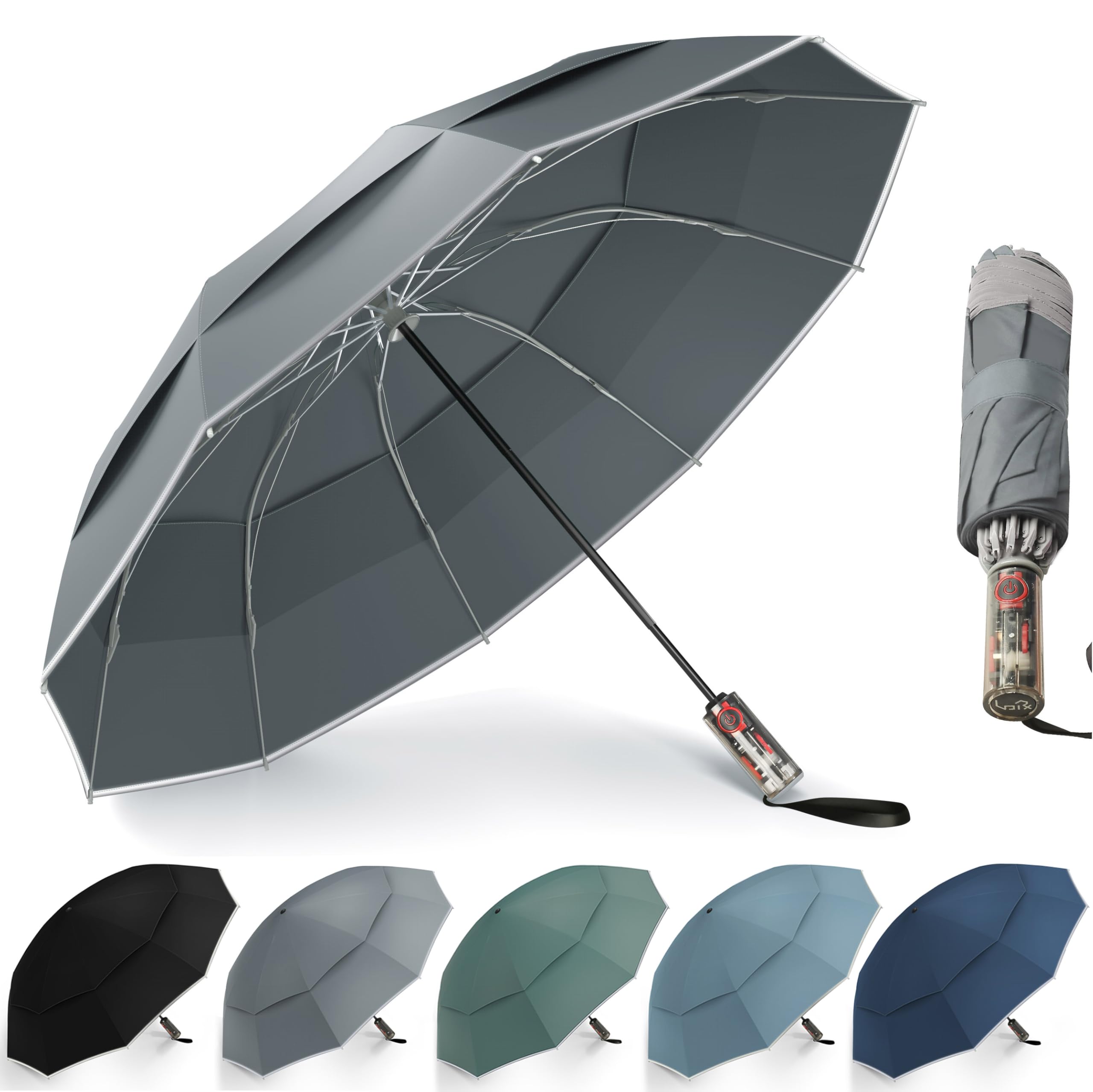 Urvoix Compact Golf Umbrellas Windproof, Travel Umbrella for Rain, 10 Ribs Aluminum Alloy & Fiberglass w/Reflective Stripe, Double Canopy Automatic