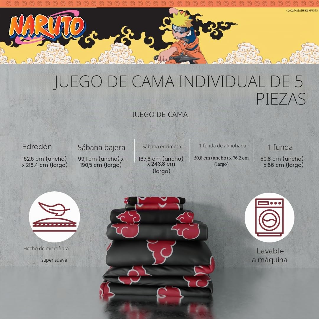 Franco Collectibles Naruto Anime Akatsuki Set de Ropa de Cama 5 Piezas, edredón Reversible Muy Suave con sábanas y Funda de Almohada, tamaño Individual (Producto con Licencia Oficial)
