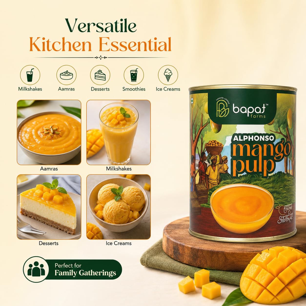 Bapat Farms Pure Alphonso Mango Pulp (Hapus), Authentic Konkan Origin, Rich & Creamy Aamras, Sweetened, 450g Tin 1