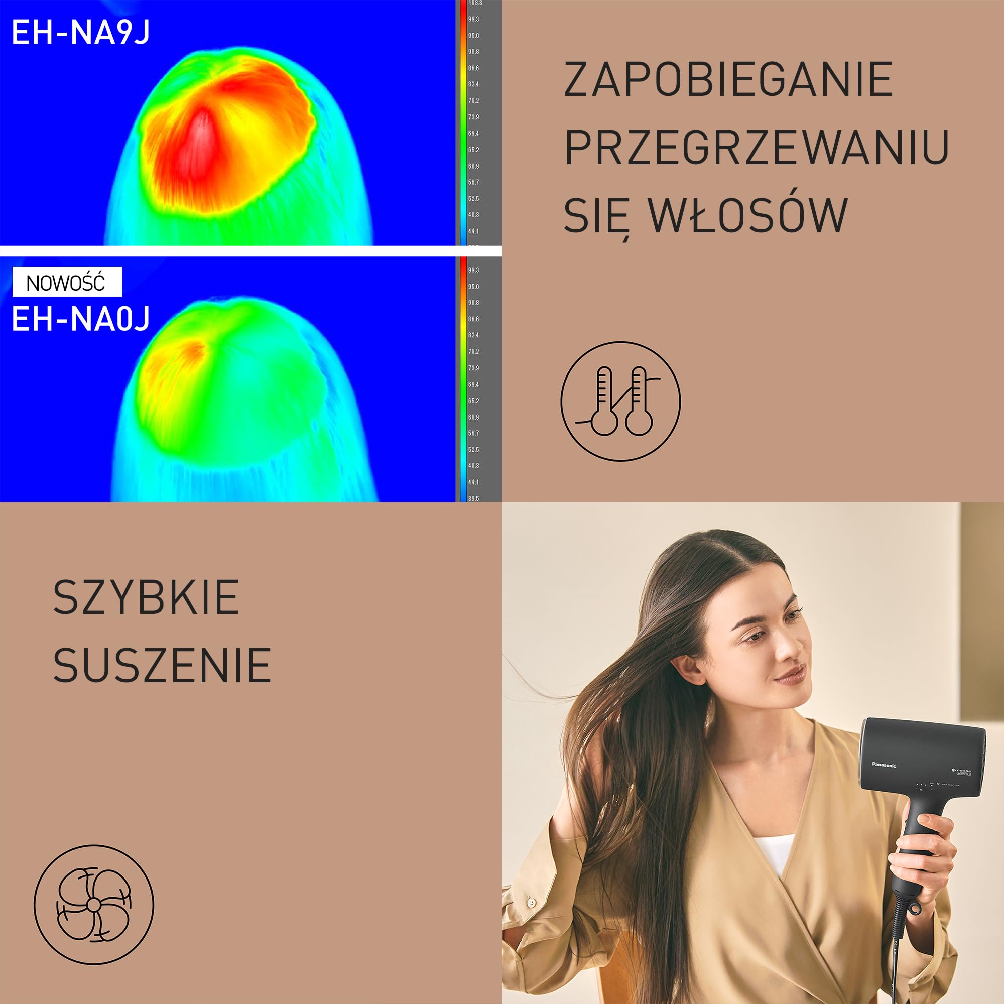 Panasonic EH-NA0J suszarka do włosów z technologią nanoe™ MOISTURE+ i Mineral (1600 W, 4 tryby temperatury, dysza koncentrująca, dyfuzor), czarna