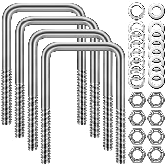 4 Sets Square U Bolts, 3 inch Wide 304 Stainless Steel U-bolt, 1/2" D x 3 1/16" W x 5 5/16" L, 2 1/2 inch Thread Length 4 U Bolt + 8 Nuts, 8 Lock and 8 Flat Washers for Boat Automobile Trailer