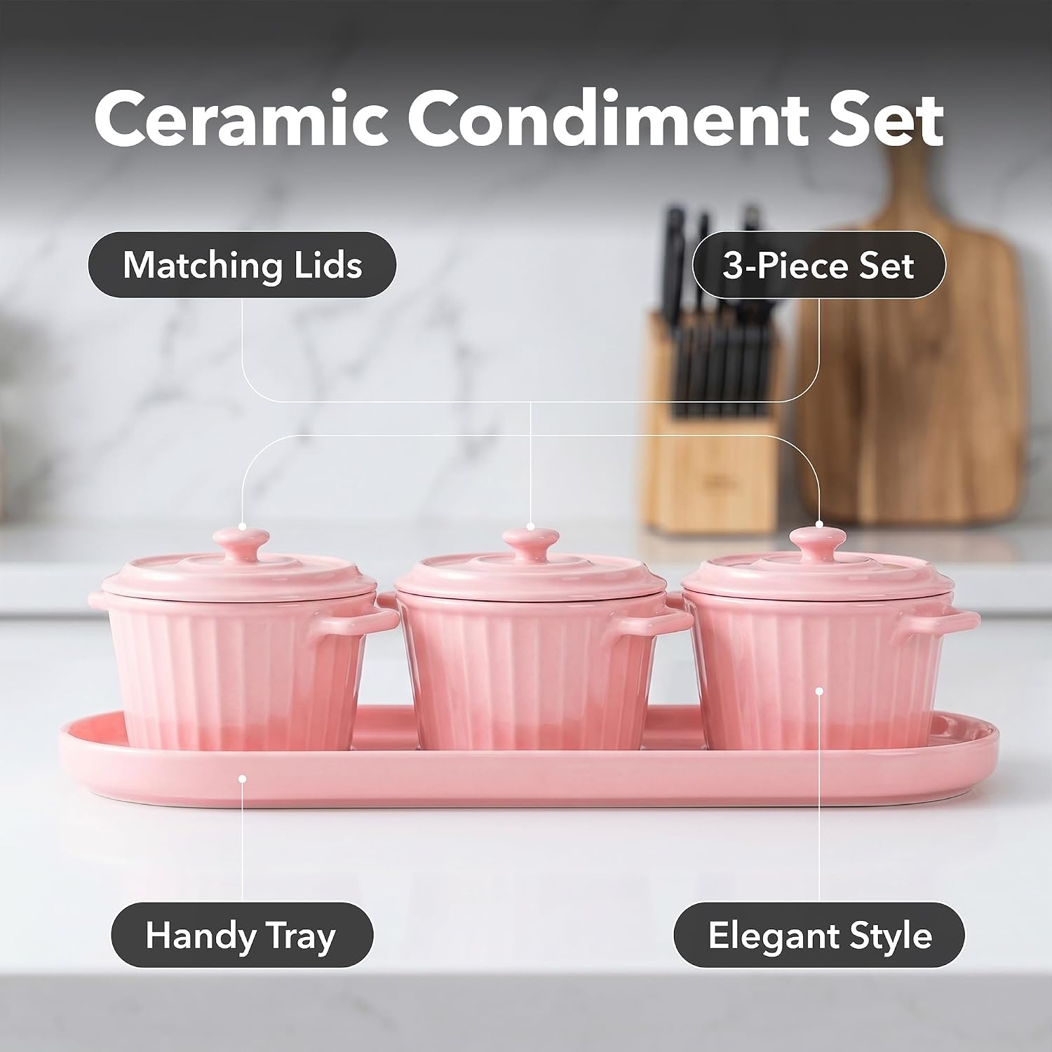 OVENTE Ceramic Condiment Jar Spice Container Set with Tray, Pink BW11031P