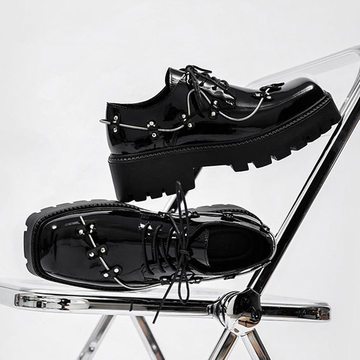 Mens Platform Goth Oxfords Fashion Retro Punk Metal Deco Classic Square Toe Lace-Up Chunky Block Lug Sole Low Top Motorcycle Derby Oxford Shoes for Casual Daily Party
