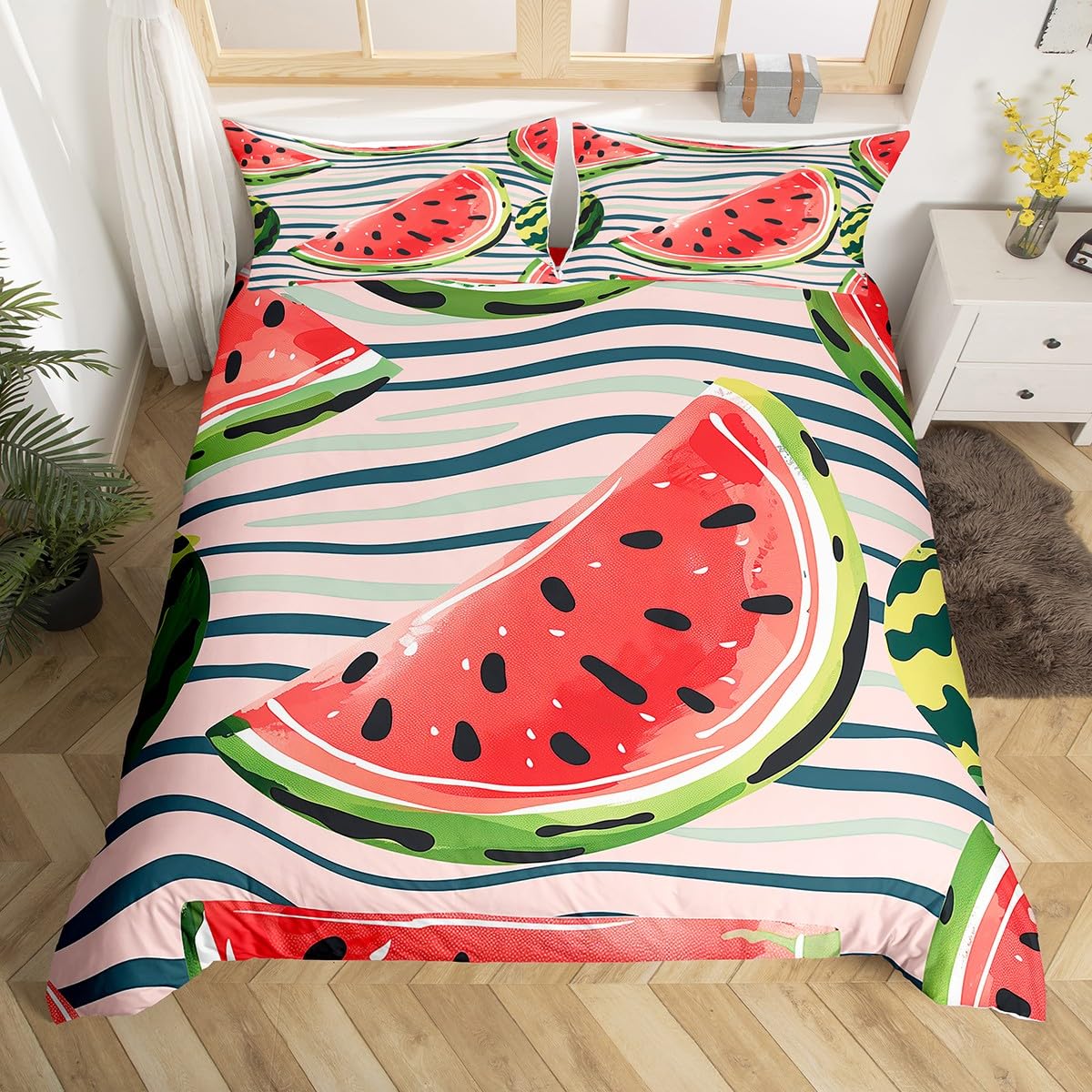 Homewish Cute Watermelon Double Bedding Set for Kids Children Blue Stripe Comforter Cover,Sweet Fruit Food Duvet Cover Cartoon Hand Drawn Garffiti Quilt Cover for Bedroom Decor With 2 Pillow Cases