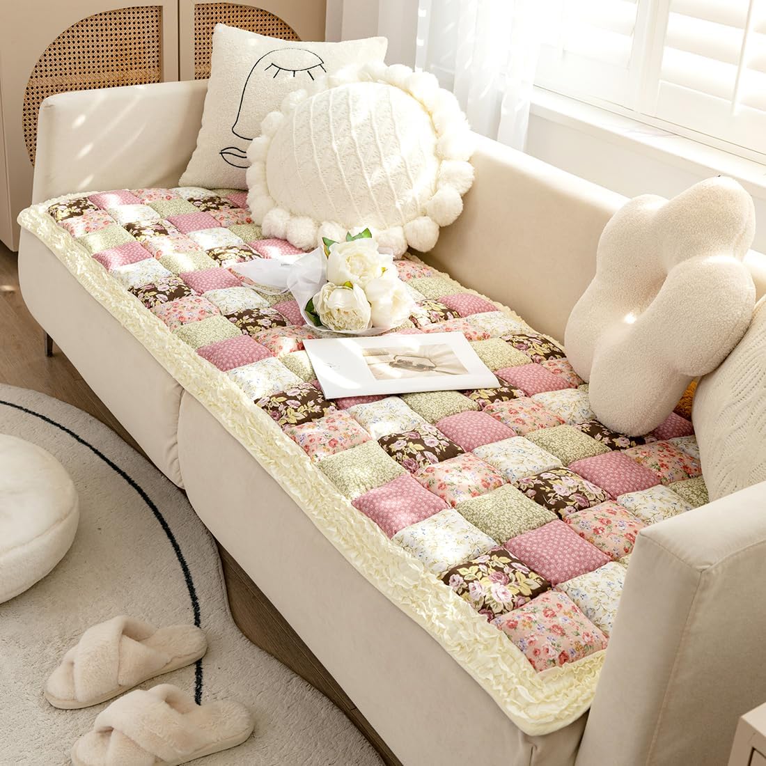 Patchwork Ruffles Printed Furniture Protector Cotton Quilted Plaid Couch Cover Non-Slip Backing Sofa Slipcover for Dogs Cats Pet Mat Area Rugs (Pink,28"x83")