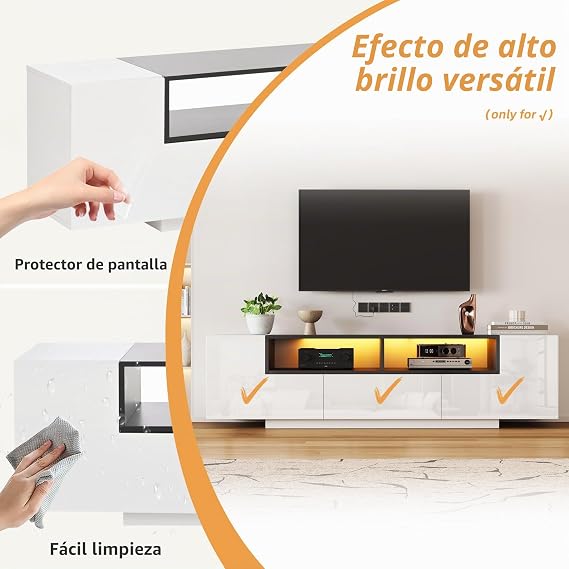 Mueble de TV con 2 puertas, LED para televisor hasta 75, mueble de TV bajo con gran espacio de almacenamiento, con 2 puertas, para salón, comedor, dormitorio, blanco