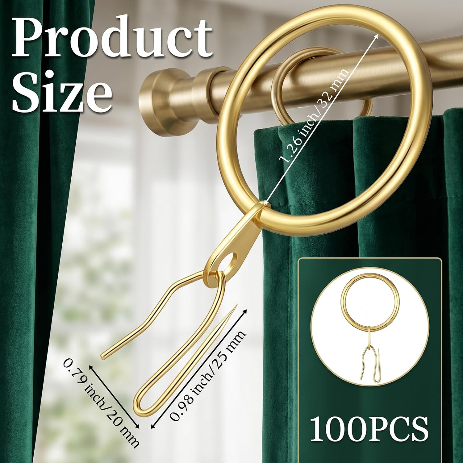 100 Pieces 1.26 Inch Metal Drapery Curtain Rings | Curtain Hanging Rings and 100 Pcs Metal Drapery Pin Hooks for Drapes Window Door Shower Curtains