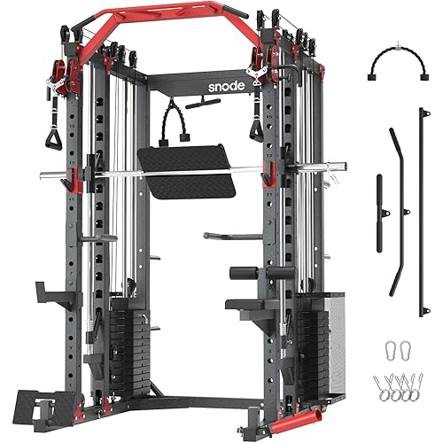 SNODE ALL10 Smith Machine for Home Gym, Power Rack with Cable Crossover, Squat Rack with Leg Press and Advanced LAT Pull-Down, 2000LB Weight Capacity