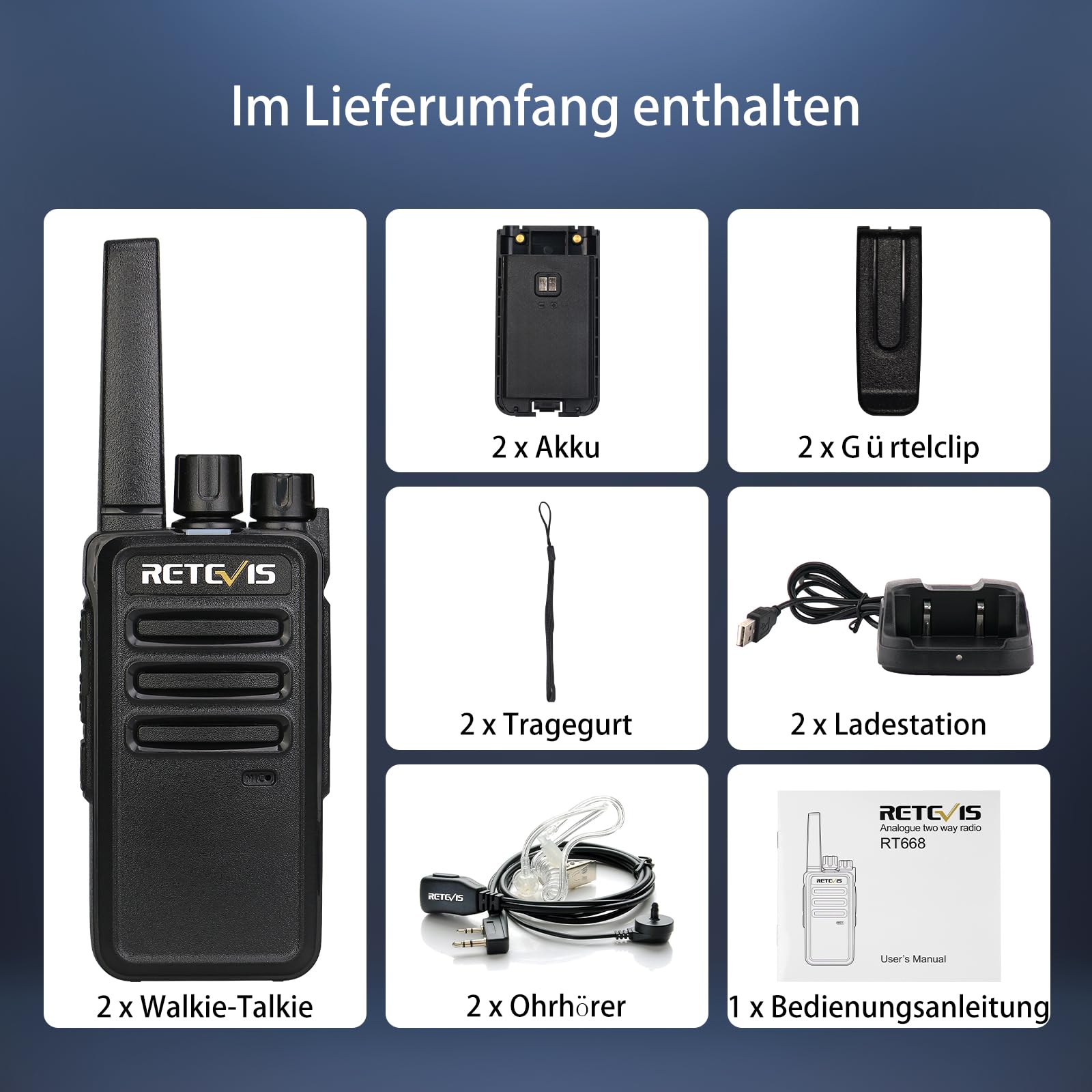 Retevis RT668 Walkie Talkie Professionali, Ricetrasmittenti PMR446, 1200mAh, VOX, Anticaduta, Antipolvere, Walkie-Talkie con Auricolareper per Sport All'aria Aperta,Escursionismo (Nero, 2 Pezzi)