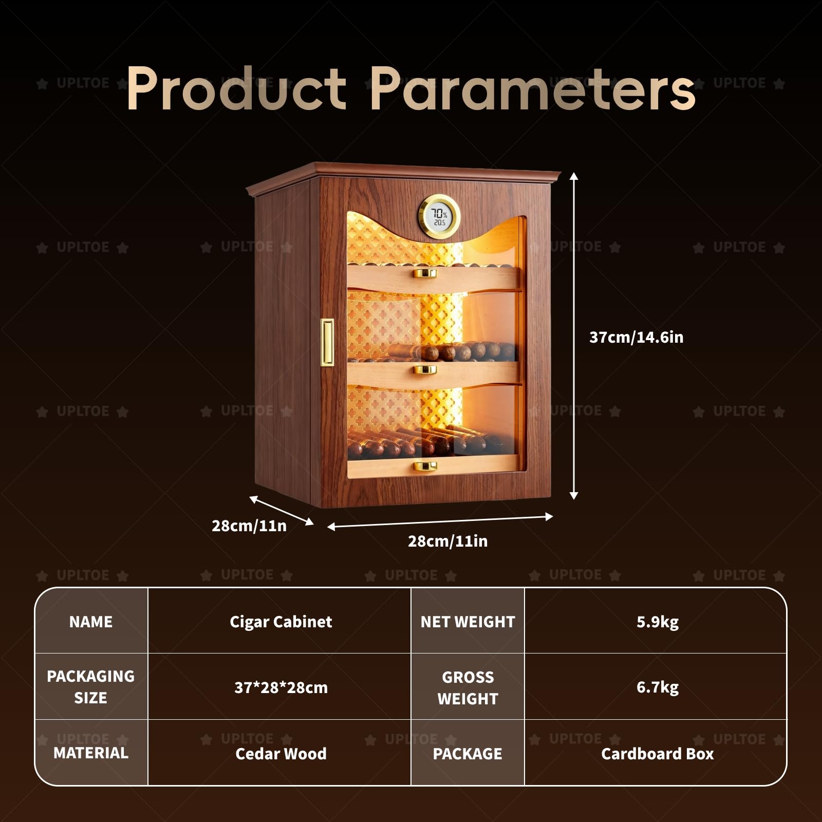 Biurkowa szafka humidor | do 130 sztuk | Precyzyjny elektroniczny higrometr | Cedrowe półki | 28×28×37 cm | 5,9 kg | Do przestrzeni mieszkalnych (użytku domowego) Black