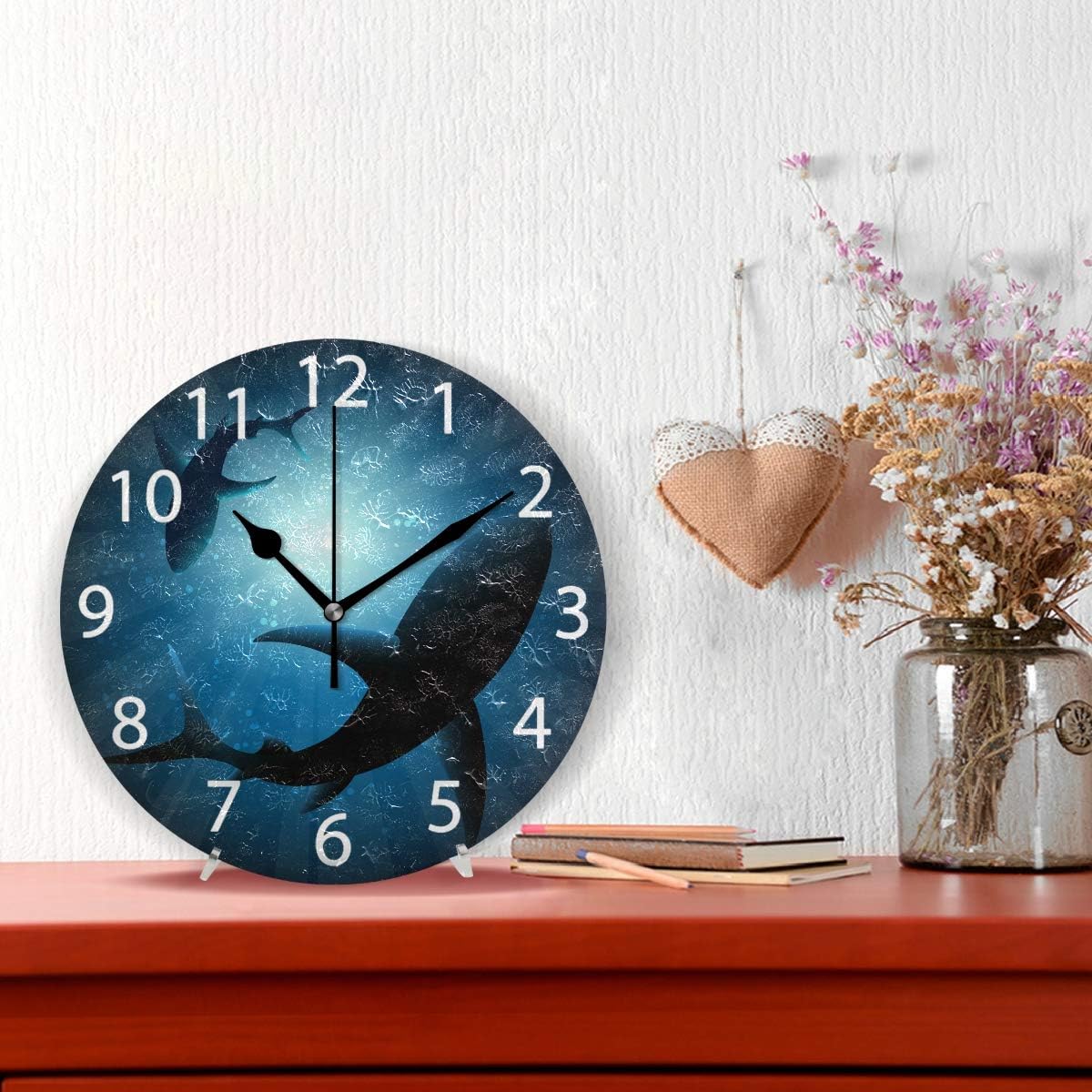 senya Sharks Under Water Round Wall Clock, Silent Non Ticking Oil Painting Decorative for Home Office School Clock Art