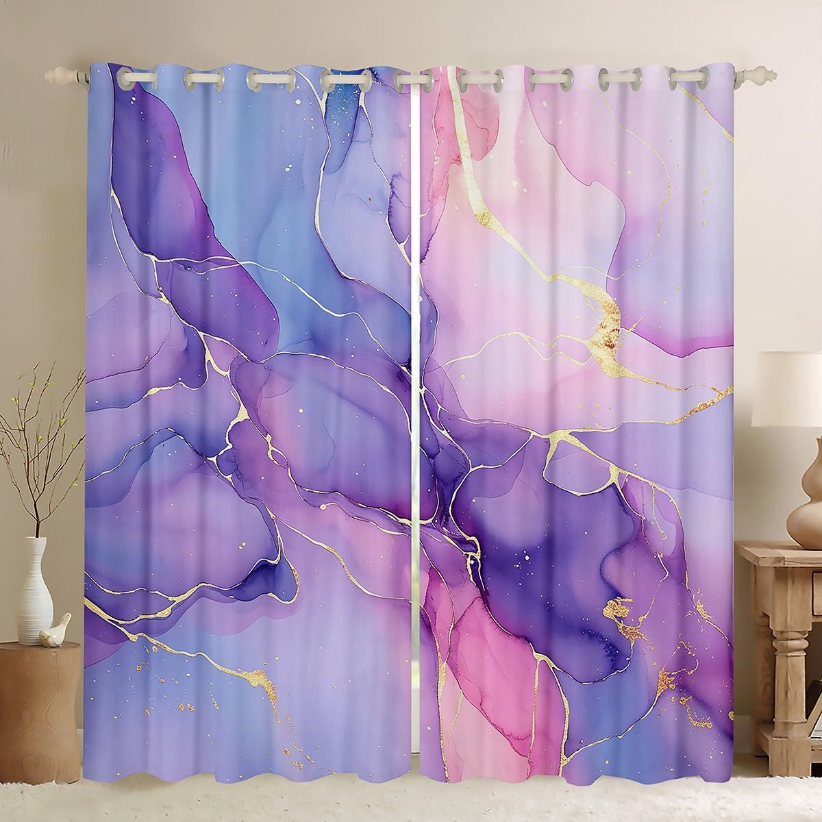 Pink Marble Curtains,Purple Watercolor Window Curtains for Boys Girls Teens,Luxury Abstract Window Treatment Curtains Home Decor,Marble Art Darkening Drapes for Living Room Bedroom,42Wx63L