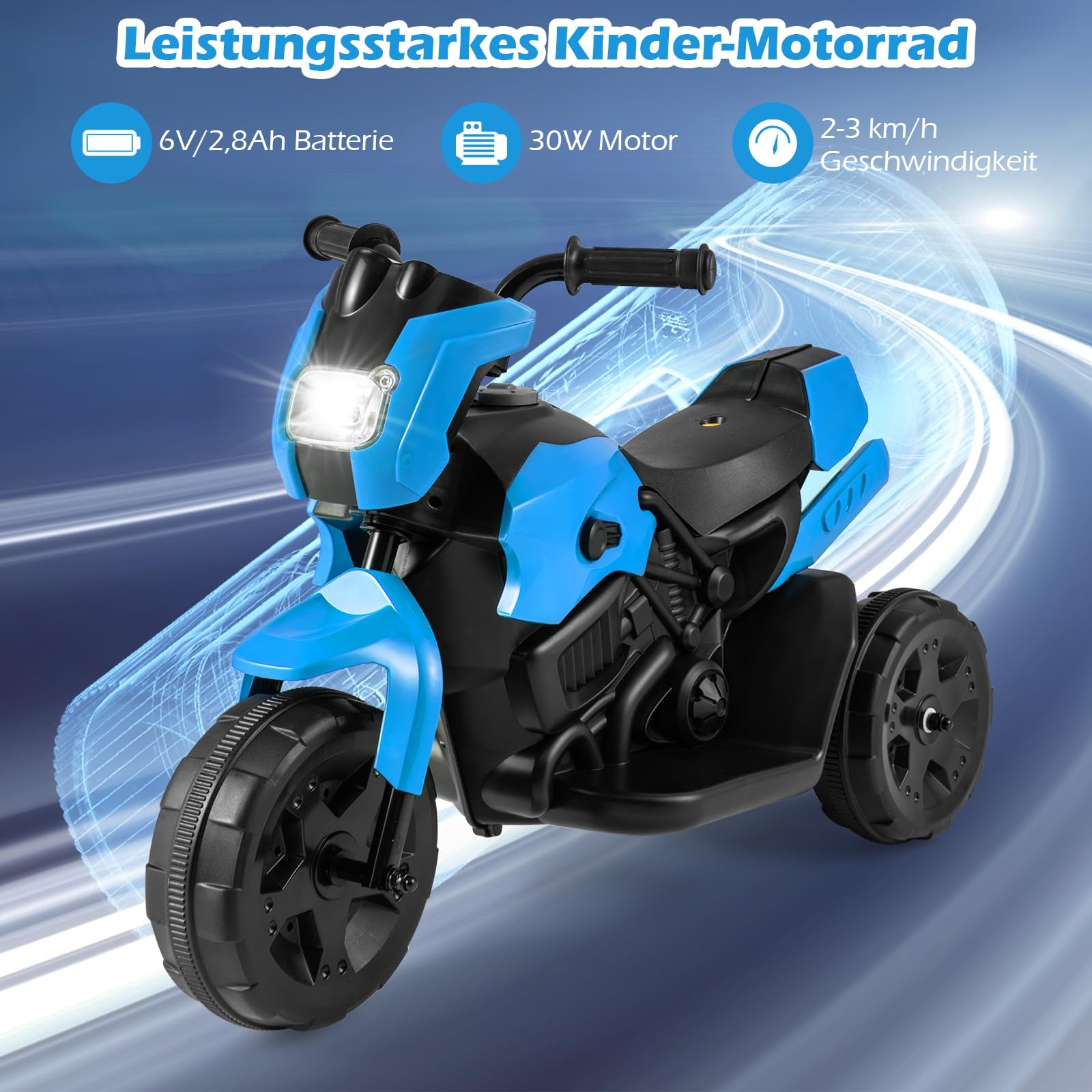 COSTWAY Kinder Elektro Motorrad, 6V Kindermotorrad elektrisch mit LED-Scheinwerfer & Fußpedal, 2-3 km/h, Dreirad Elektromotorrad für Jungen & Mädchen ab 3 Jahren (Blau)