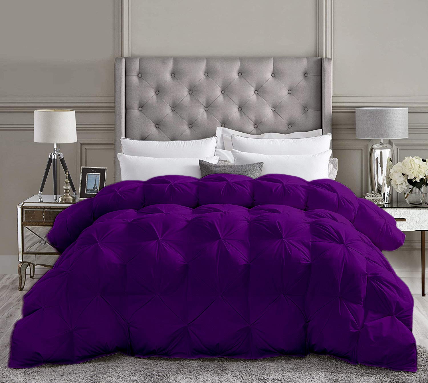 Saferay Green Purple All-Season Luxury - Pintuck Style 100% Organic Cotton Oversized Queen Size 98 x 98 Inches 3-Piece Pinch Pleat Comforter with 4 Corner Tabs, 500 GSM - Machine Washable