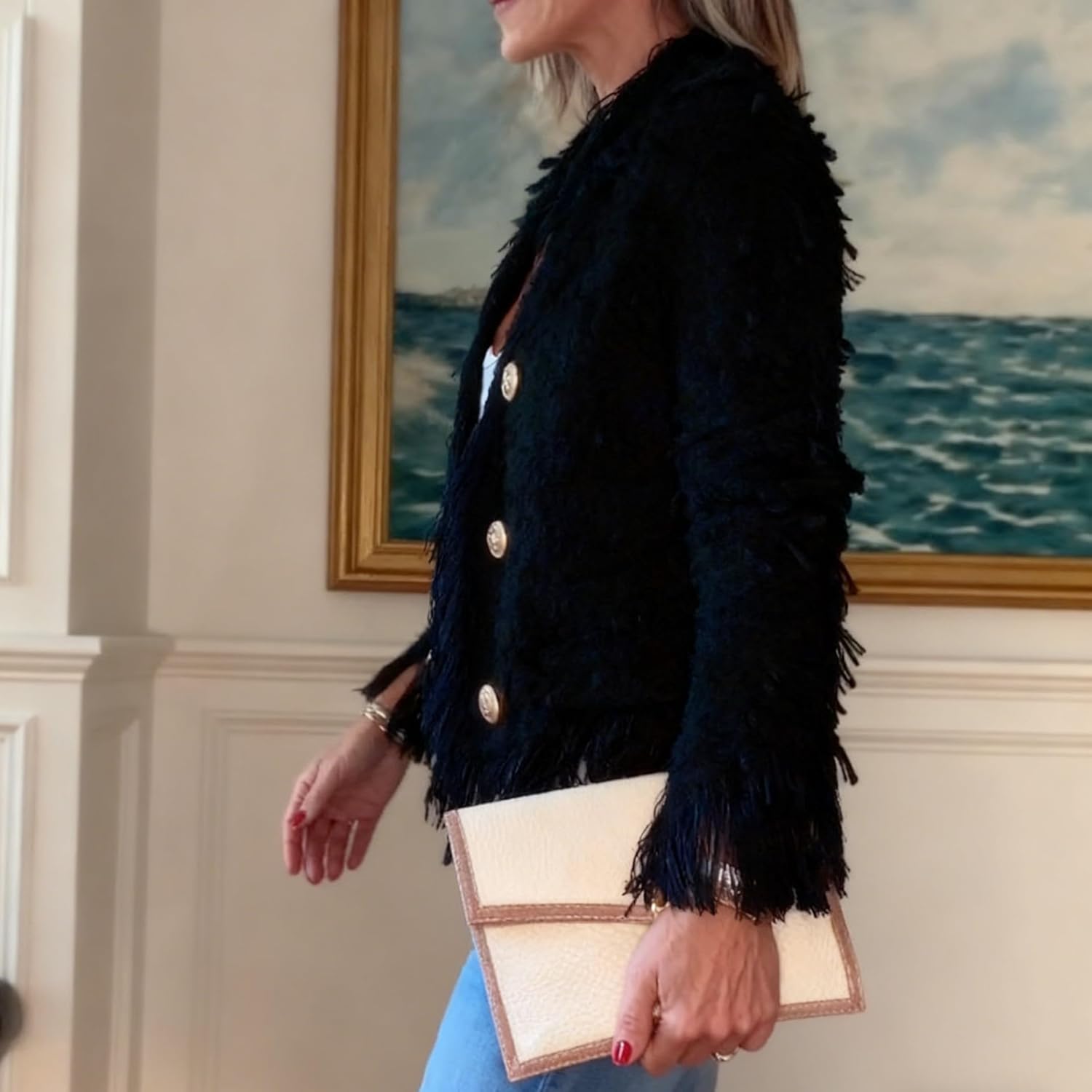 Chvity Fringe Jacket Women Tweed Blazer Cable Casual Open Front Cropped Fringe Lightweight Fashion Suit Jackets - Image 2