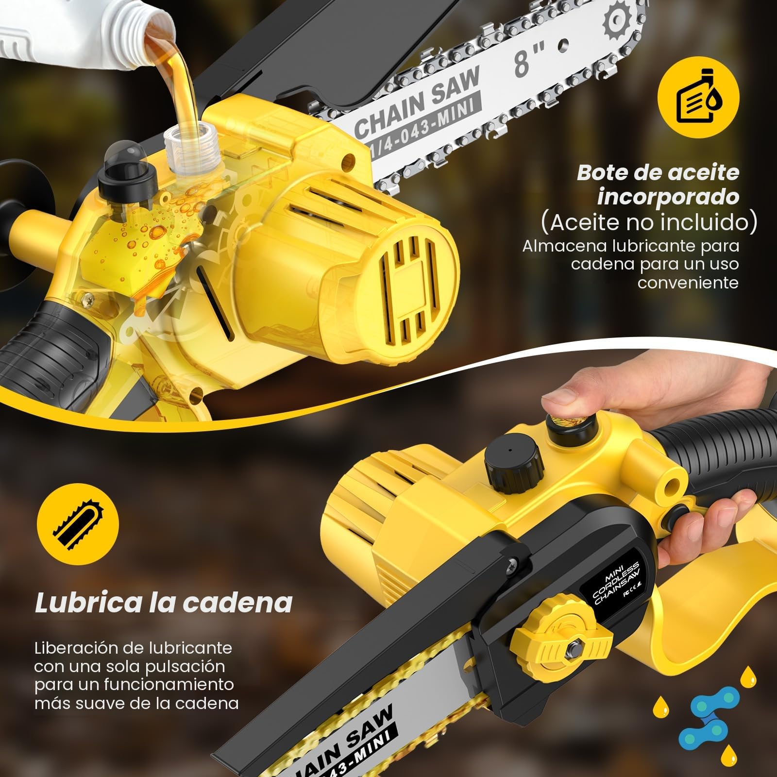 Mini Motosierra Bateria 8000 Mah Con 1000w Motor Sin Escobillas, Con Depósito De Aceite, Equipado Con, Puede Cortar Ramas De 8 y 6 Pulgadascon Bomba De Aceite y Cadena De Repuesto