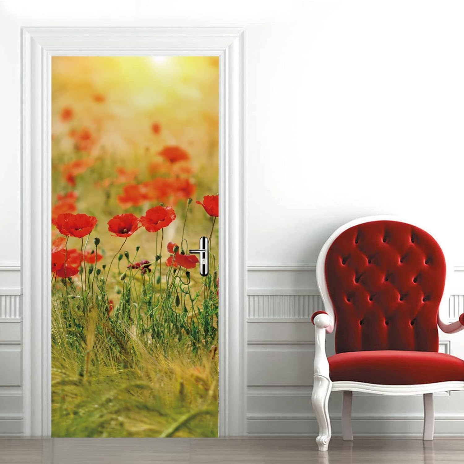 Sticker Porte Fleur de Pavot, Stickers Porte Trompe L'oeil Fleurs Autocollant Poster Auto-Adhésif Art Décor Pour Chambre Salon Salle de Bain Papier Peint 95x215 cm 799z