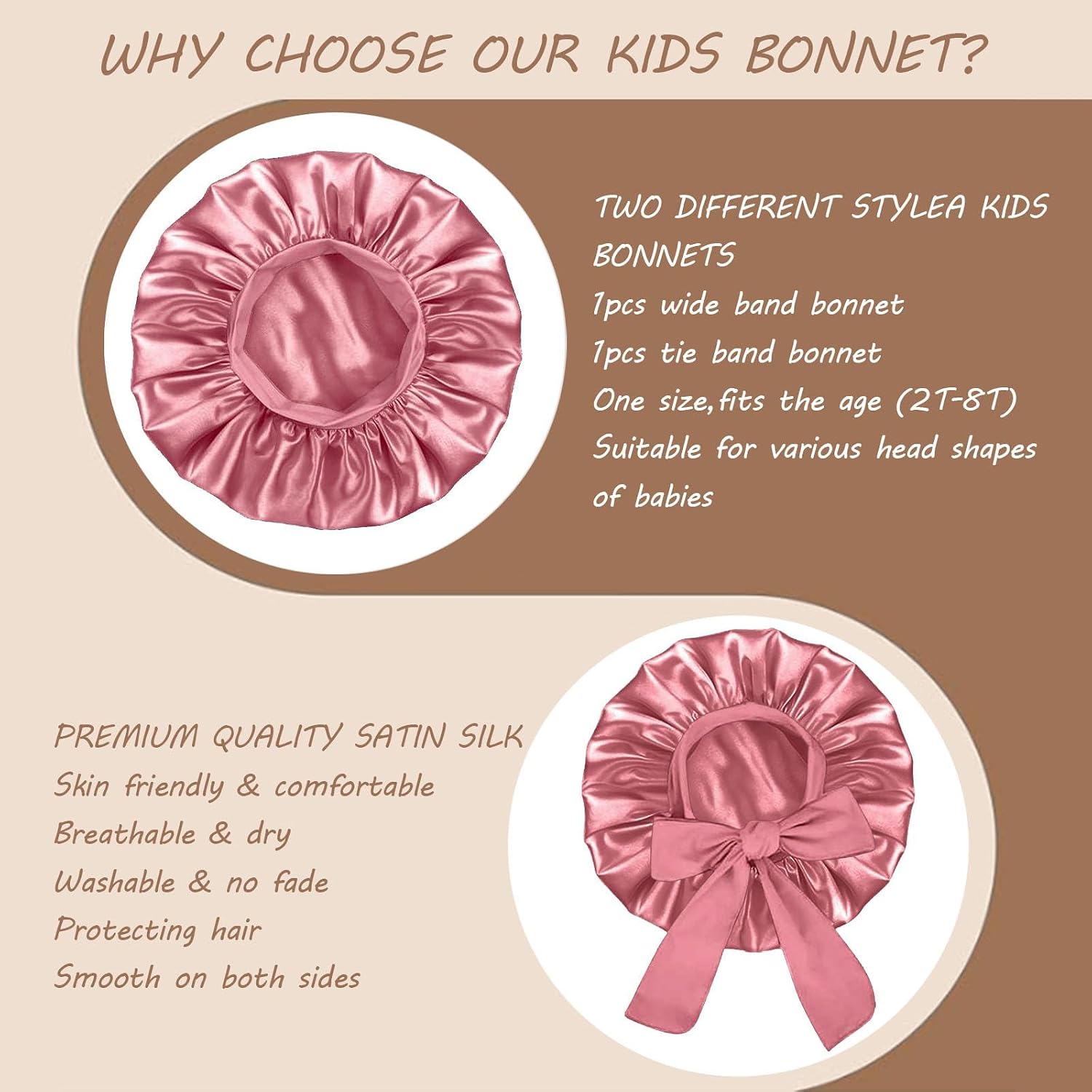 2Pcs Baby Bonnet Toddler Silk Satin Bonnet for Kids Sleeping Cap - Elastic Wide Band Hair Bonnets Curly Natural Hair Toddler Bonnet with Tie Band,Kids Bonnets for Girls Boys Infant - Rose Gold