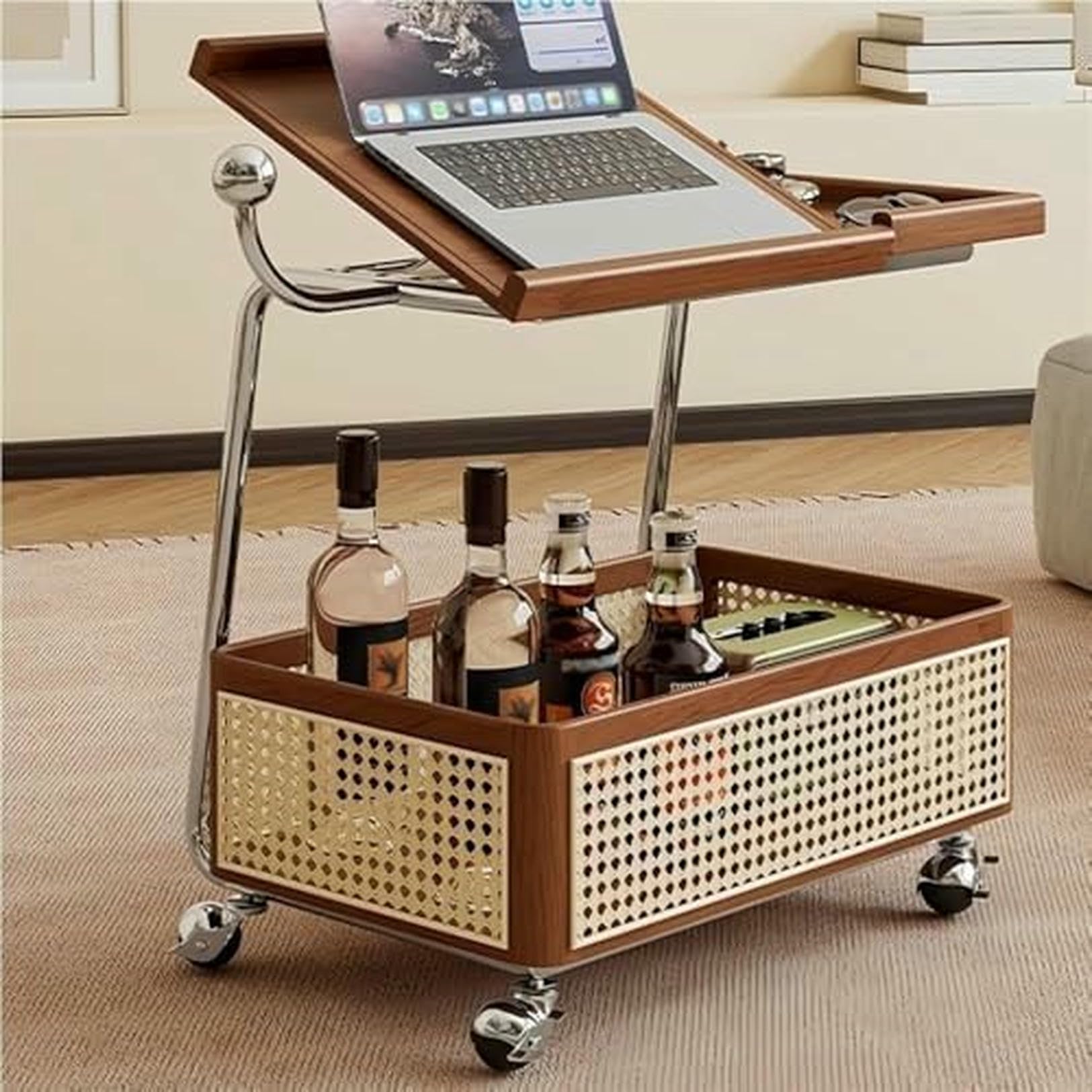 Eiwitany Top C-Shaped Rolling Side Table with Rattan Storage Basket, Brown Wood Mobile Coffee Table for Space-Saving Living Room Use (Brown)