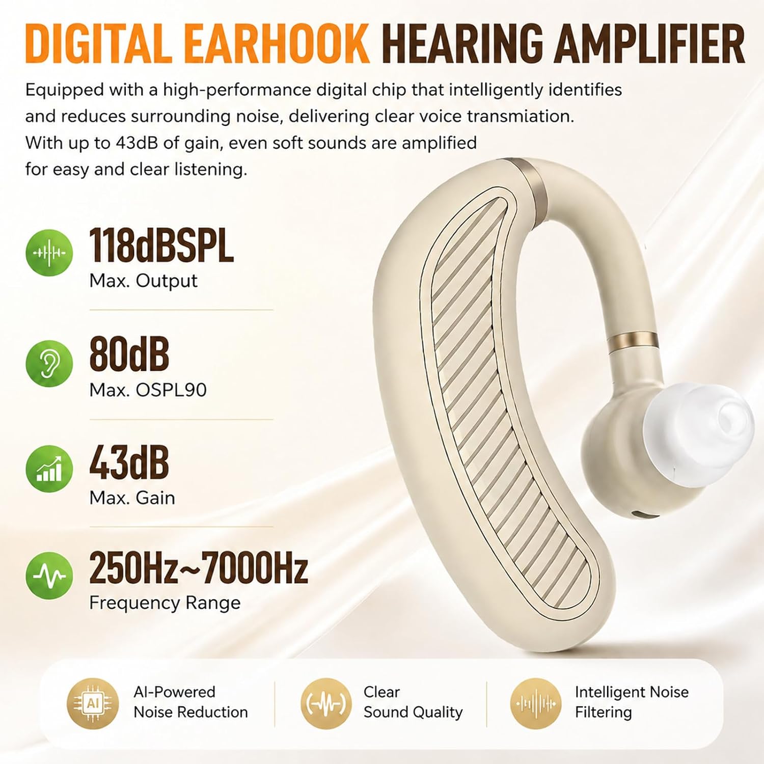 Rechargeable Ear Hook Hearing Amplifier for Seniors Adults, Digital Noise Reduction Sound Amplifier with Smart Chip, Lightweight Comfortable Hearing Enhancer, Up to 60H Battery, Clear Voice for Conversations, TV & Daily Use