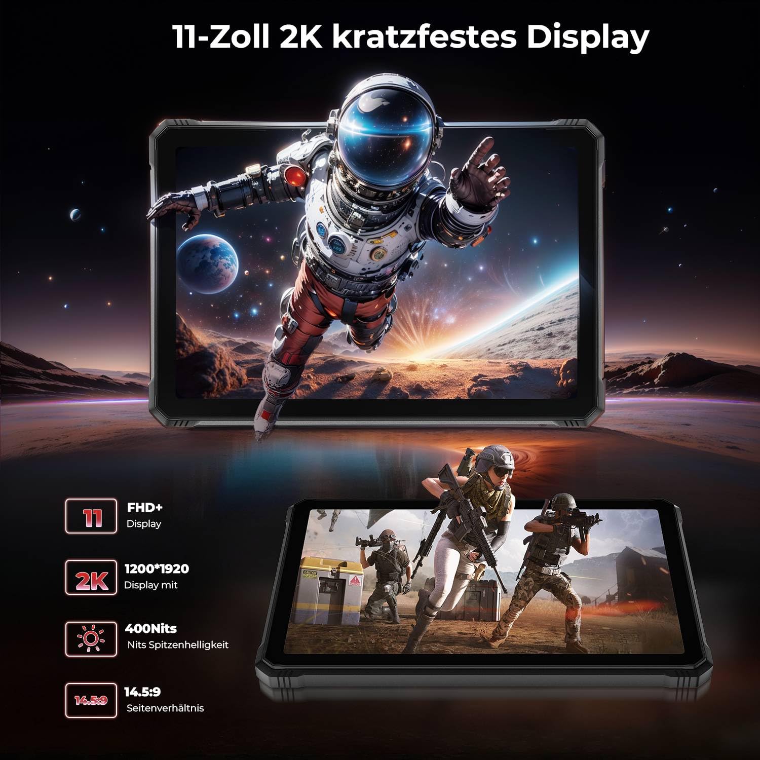 HOTWAV R9 Plus Outdoor Tablet Android 14, 11" 2K FHD+ Baustelle Tablets, Octa-Core 24GB+512GB+2TB TF Tablet Wasserdicht, 20080mAh 20W Schnellladung, 64MP+16MP/IP68/IP69K/Dual SIM 4G/5G WiFi/GPS/OTG