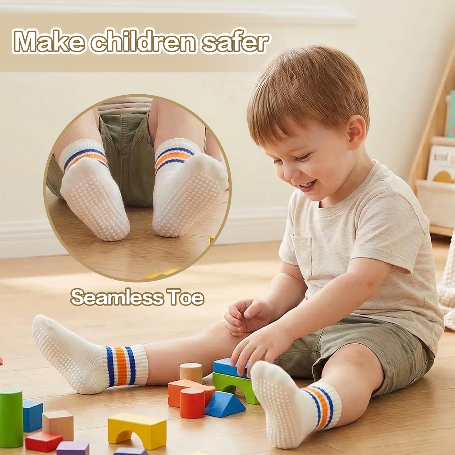 Baby Non-Slip Socks 6 Pairs, Anti-Skid Gripper Socks for Infants Toddlers Cute Striped Breathable Cotton Socks