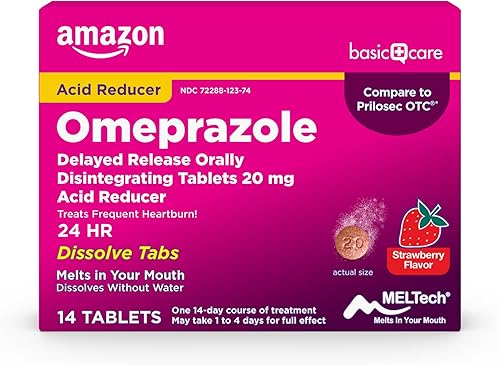 Tienda Basic Care Omeprazole Tabletas de desintegración oral de liberación retardada, 20 mg, reductor de ácido, sabor a fresa, 14 unidades