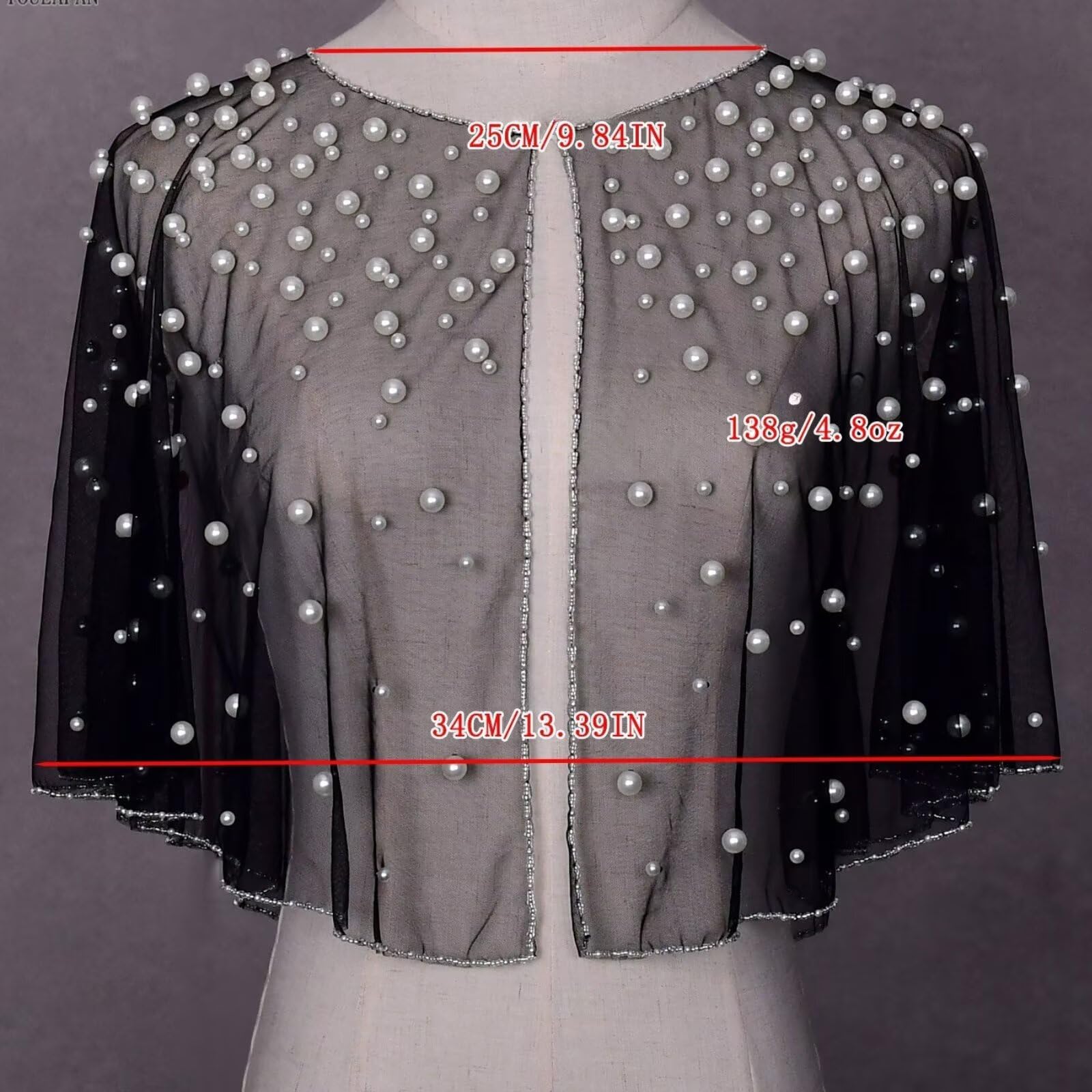 Châle de soirée doux pour femme, cape en tulle doux ornée de perles et de strass, écharpe de mariée en tulle doux, châle de soirée, étole de mariage, noir