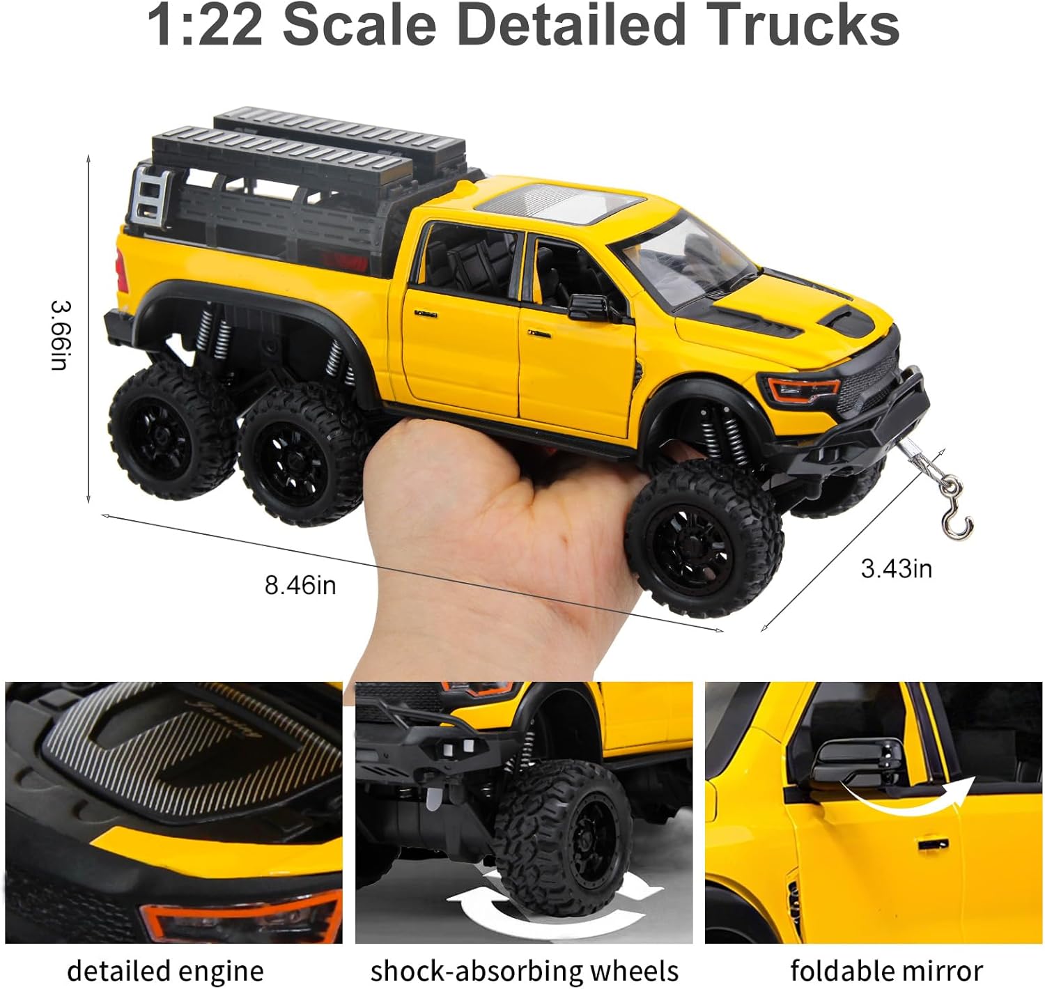 SASBSC 6X6 Toy Pickup Trucks for 3+ Year Old Boys 1/24 Diecast Pick up Truck Toy Cars with Light and Sound Metal Car Model Toys for Aged 3-12 Kids Birthday (Yellow)