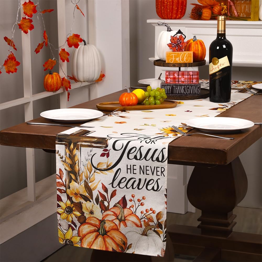 Fall Pumpkin Cross Table Runner 13x72 Inch for Home Jesus Decoration