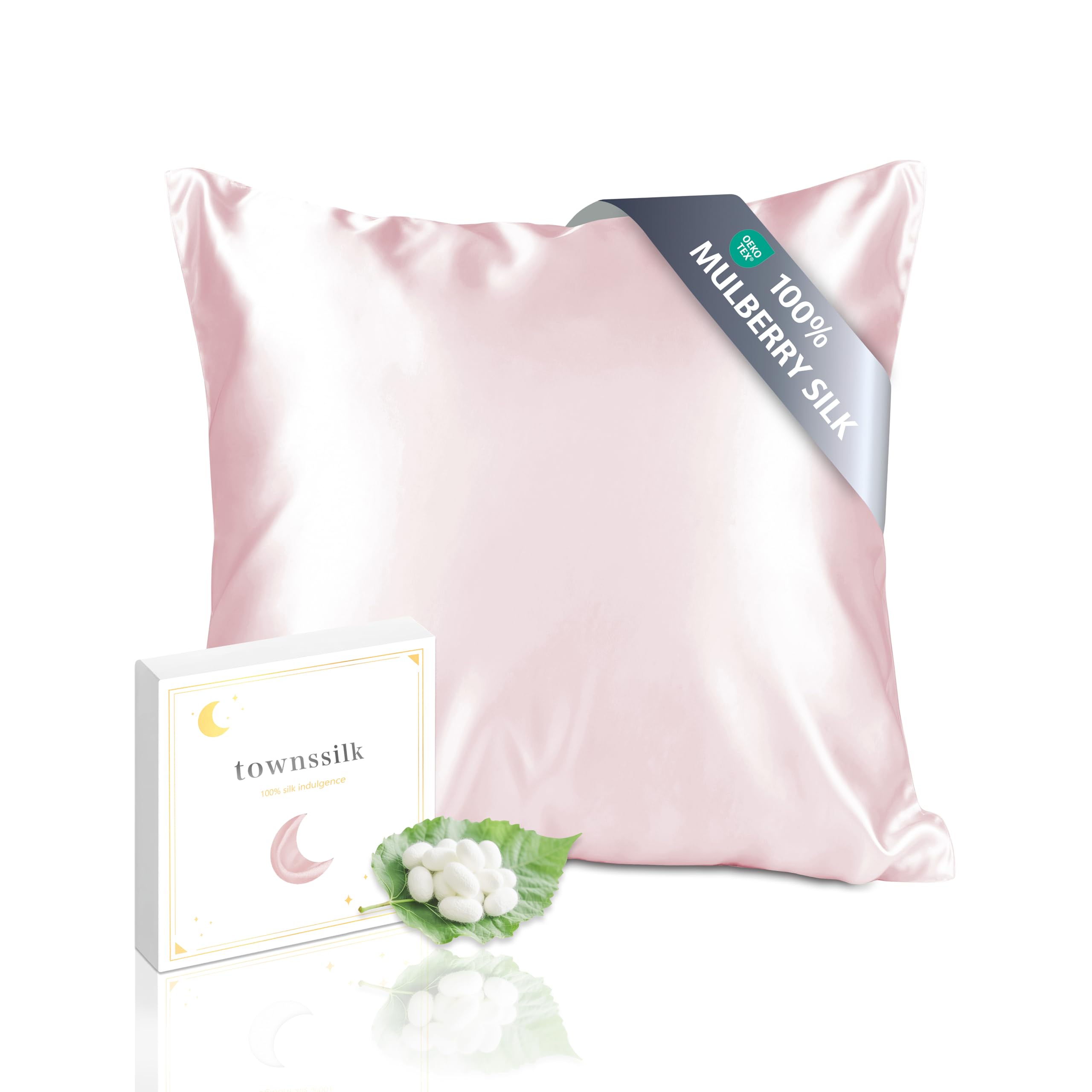 townssilk Silk Pillowcase 60x60cm – 100% Mulberry Silk, 19mm, Double-Sided Silk, Oeko-TEX Certified, Grade 6A, with Zipper, 1 Piece, Rose Pink