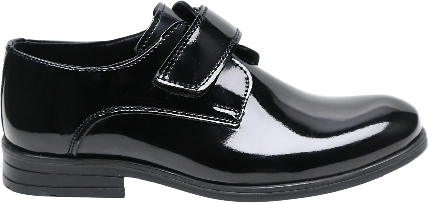 Boys' Black Patent Dress Shoes with Hook-and-Loop Strap – Formal Kids' Footwear
